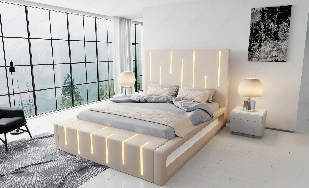 Sofa Dreams Boxspringbett Milona Bett Premium LED Beleuchtung, Kunstleder Komplettbett mit Topper beige-weiß mit