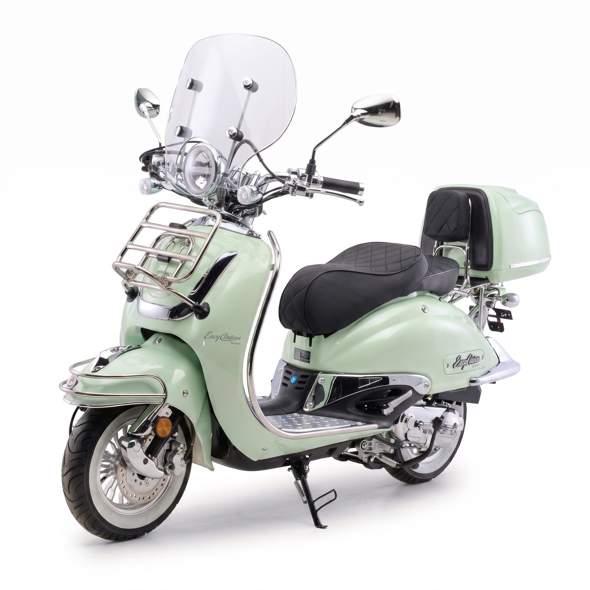 Burnout Motorroller EasyCruiser Mint, 50 ccm, 45 km/h, Euro 5, LED Beleuchtung, Digitales Tacho, Retro, mit Windschild & Topcase, USB
