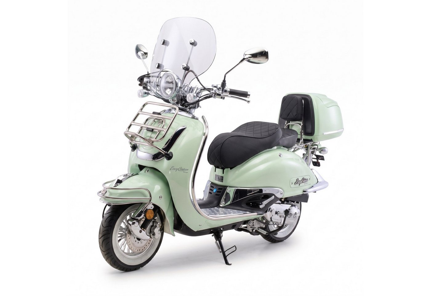 Burnout Motorroller EasyCruiser Mint, 50 ccm, 45 km/h, Euro 5, 4-Takt EFI, Retro, Weißwandreifen, Windschild, Topcase, LED, USB-A/C