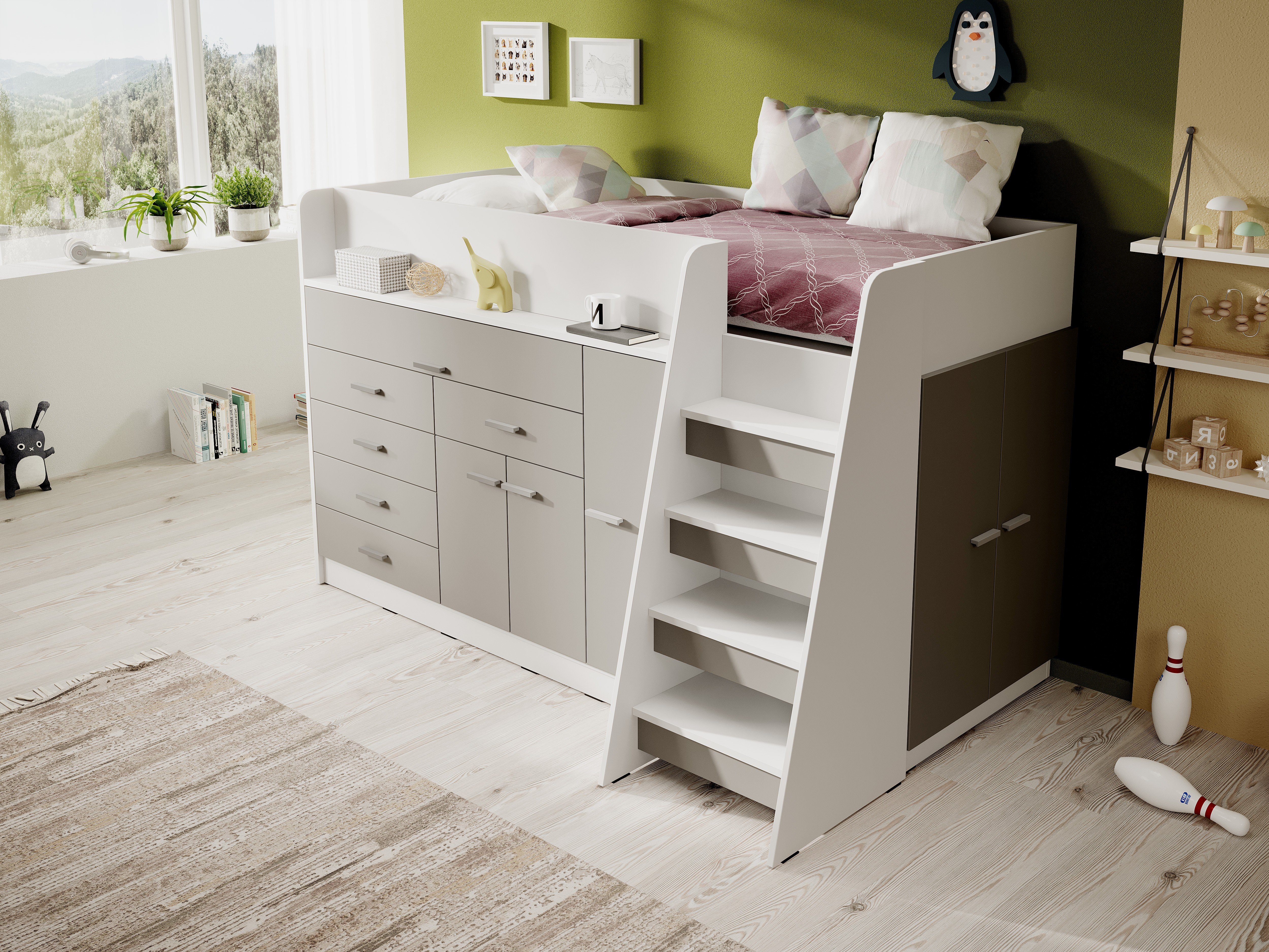 Möbel für Dich Hochbett Ingenio mit ausziehbarem Schreibtisch, Treppe und viel Stauraum mit Lattenrost Fronten grau