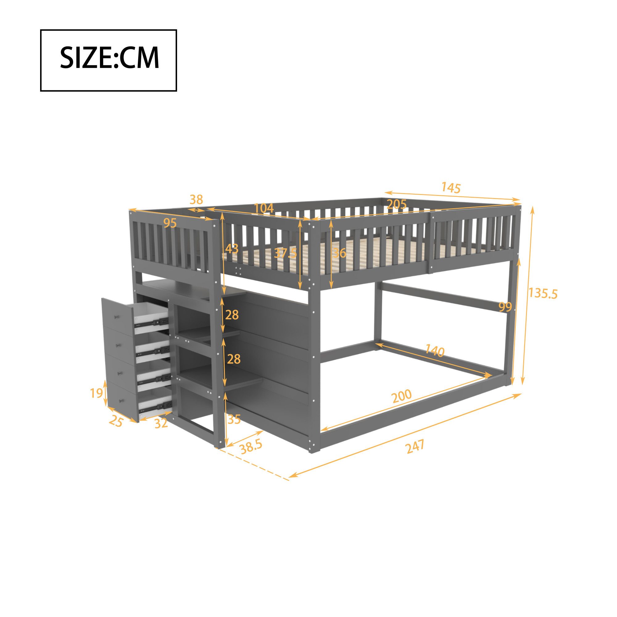 Flieks Etagenbett, Kinderbett Hochbett 140x200cm mit oberem Lattenrost und 4 Schubladen