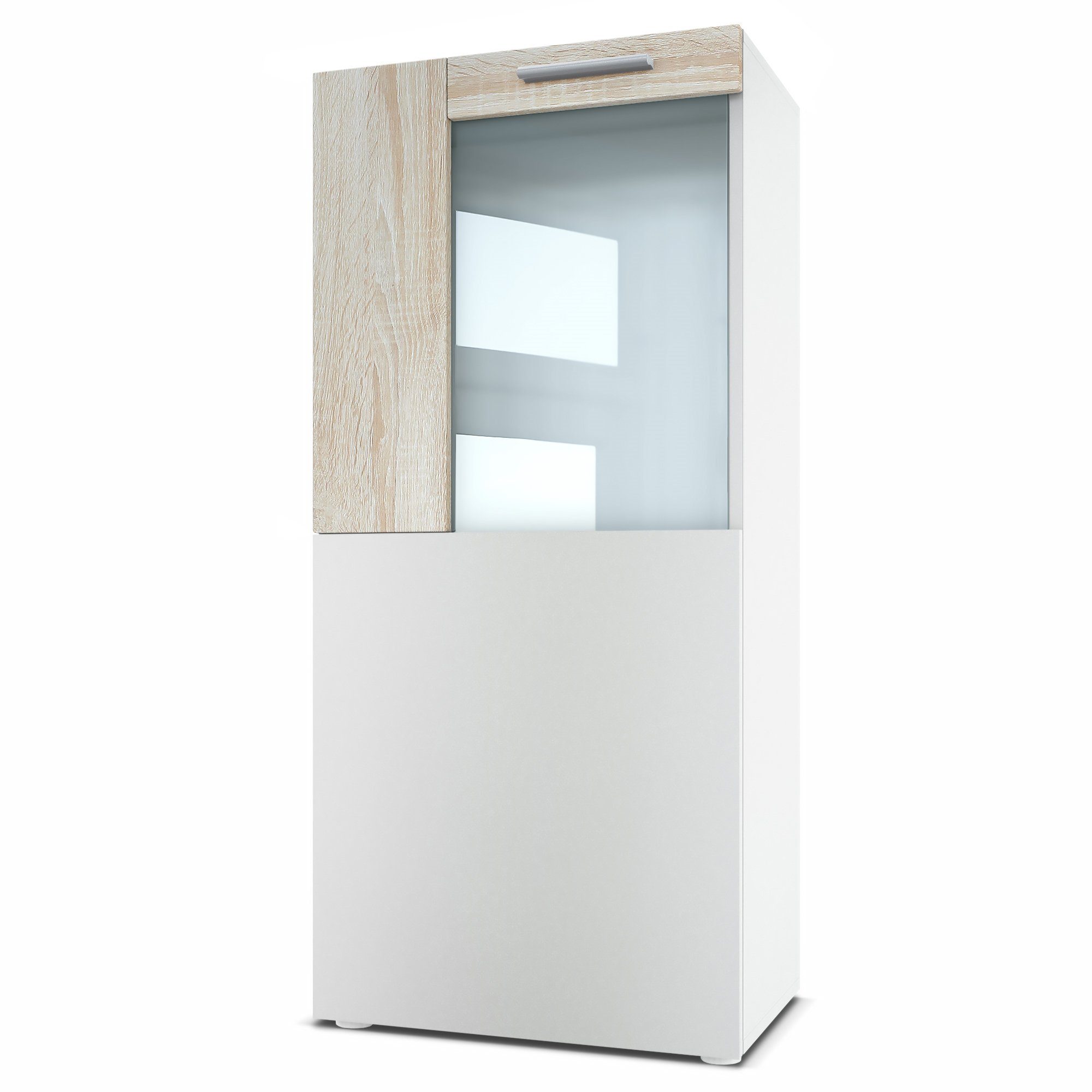 Vladon Standvitrine Movie (Standvitrine/Hängevitrine, mit 1 großen Tür, dahinter 2 geräumige Fächer) Weiß matt/Eiche sägerau (51 x 110 x 31 cm)