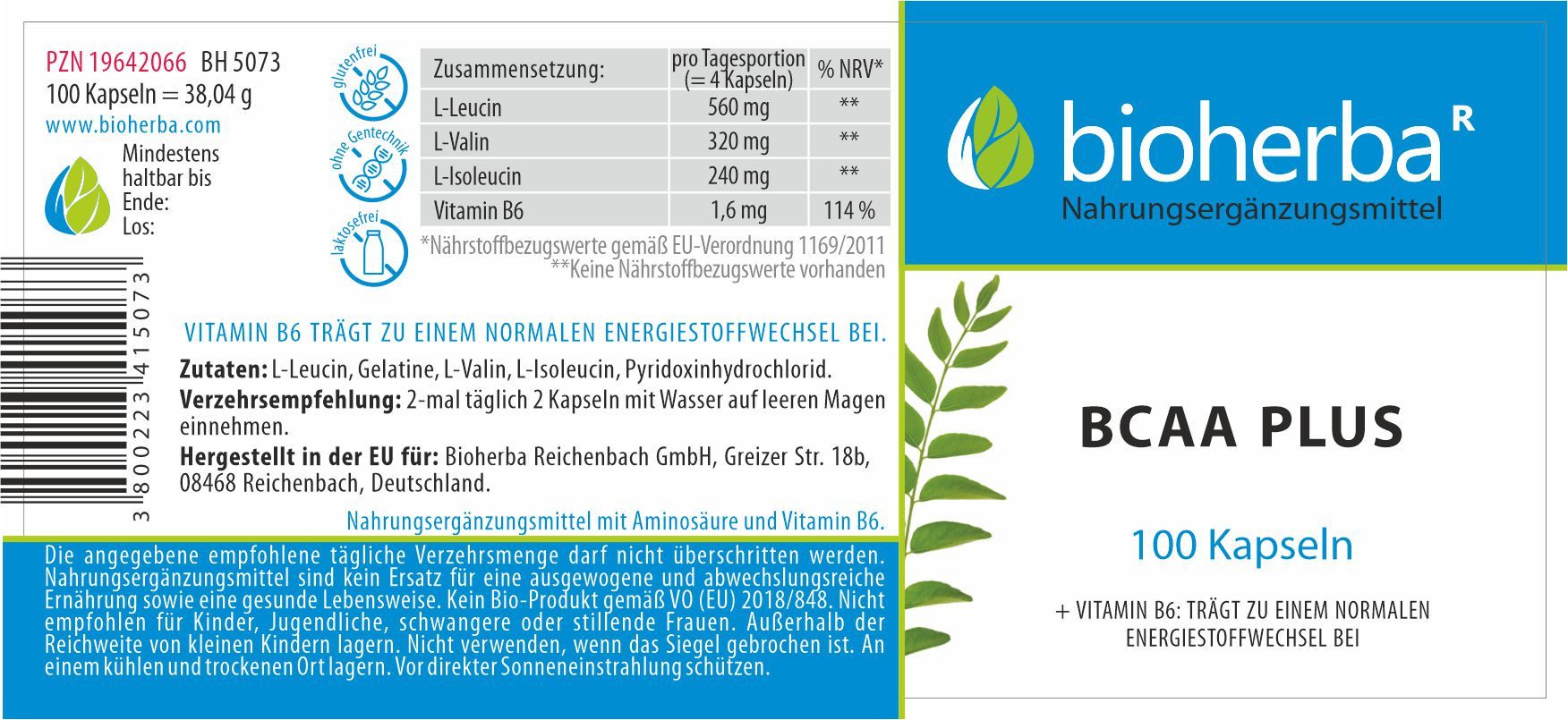 BIOHERBA R Bioherba BCAA Plus 100 Kapseln Nahrungsergänzungsmittel, 1 er