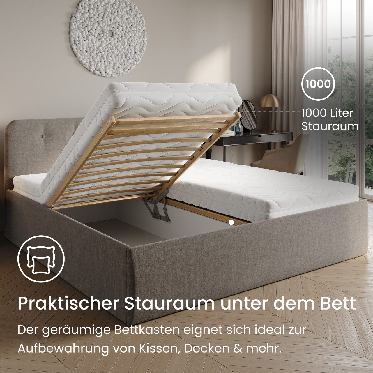 Home Collective Polsterbett Bett mit Stauraum, verstellbarem Lattenrost, viele Größen (Größen: 100x200 120x200 140x200 160x200 180x200 200x200, hochwertiger Str – Bild 3 von 5
