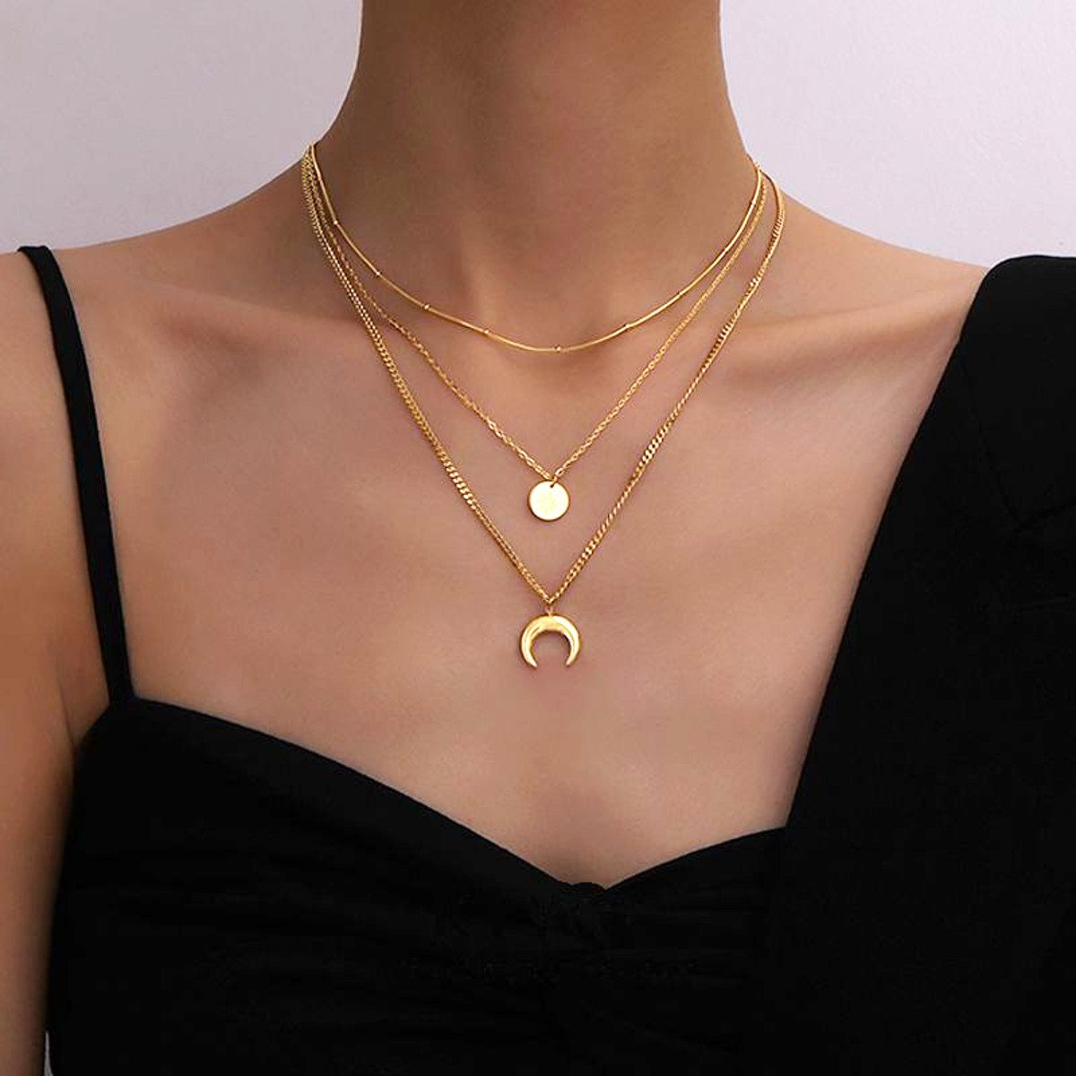 KARMA Statementkette 3 lagige Halskette Gold vergoldet Damen Kette Edelstahl (Damenkette wasserfest antiallergisch, Edelstahlhalskette Edelstahlkette), modern mehrlagig Mond Damenhalskette