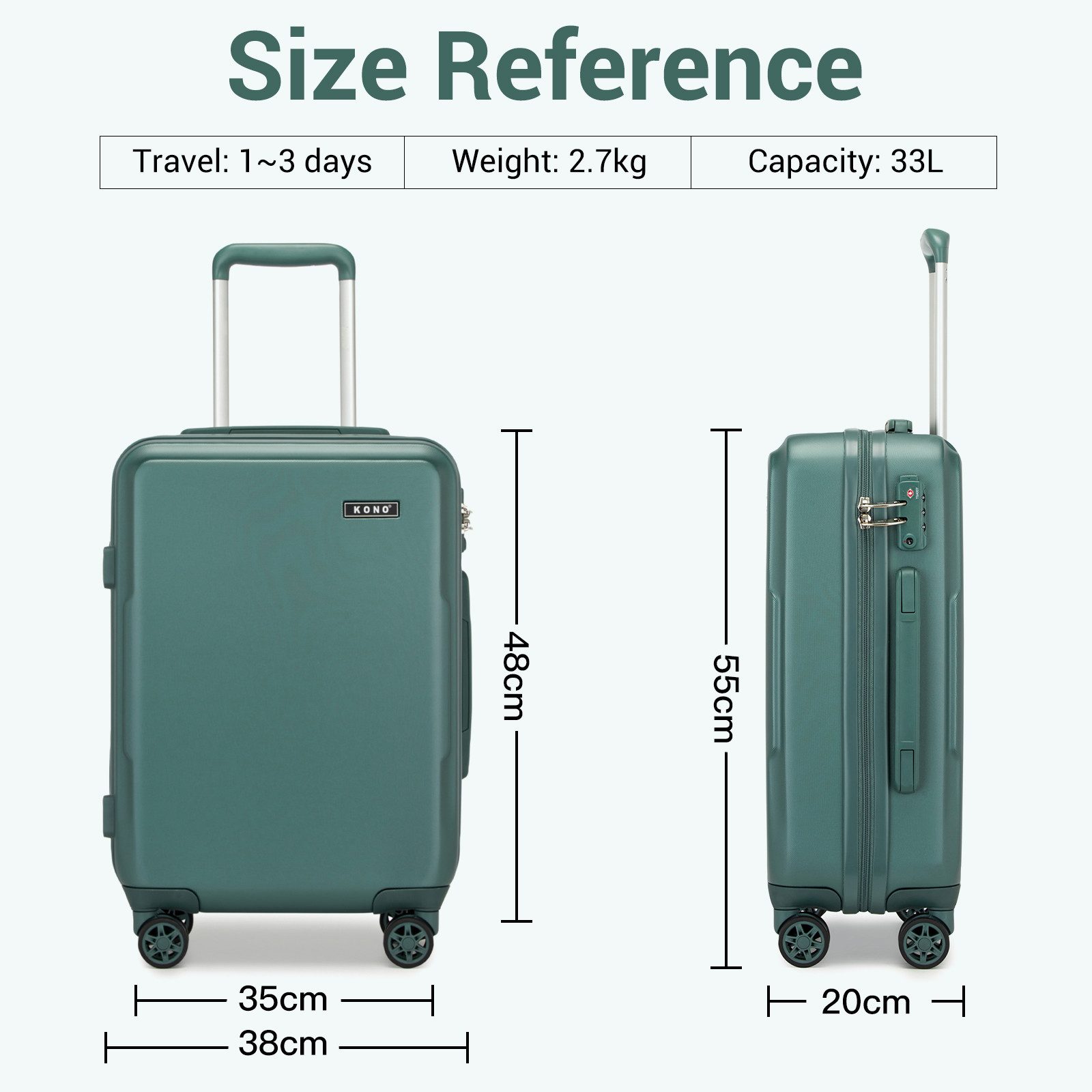 KONO Handgepäck-Trolley Koffer, PC + ABS Hartschale, TSA-Schloss, Doppel-Spinnräder
