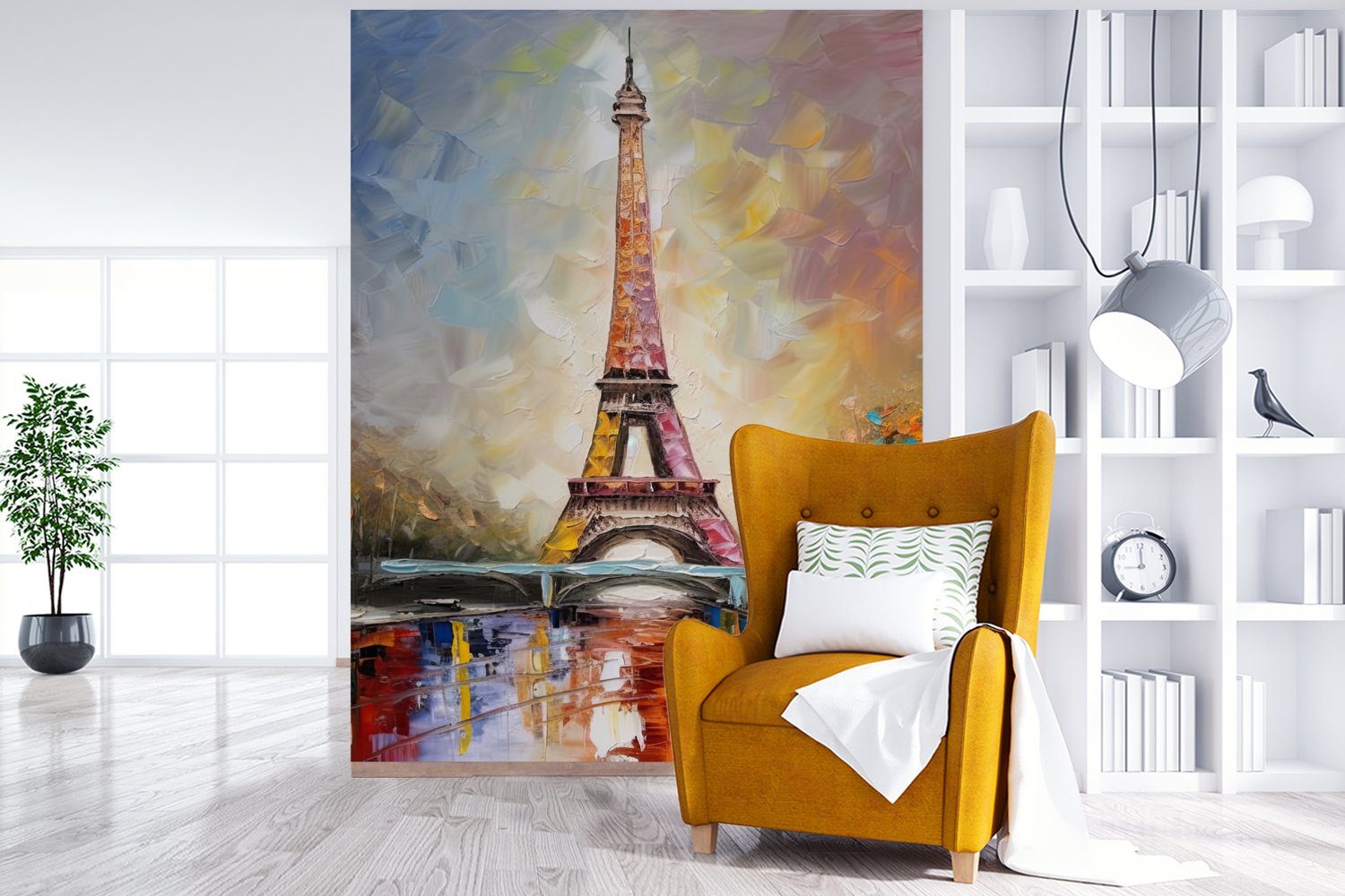 Matt, Vinyl St), Montagefertig Eiffelturm Ölgemälde für - Tapete - (4 bedruckt, Wandtapete MuchoWow Paris, Wohnzimmer, Fototapete
