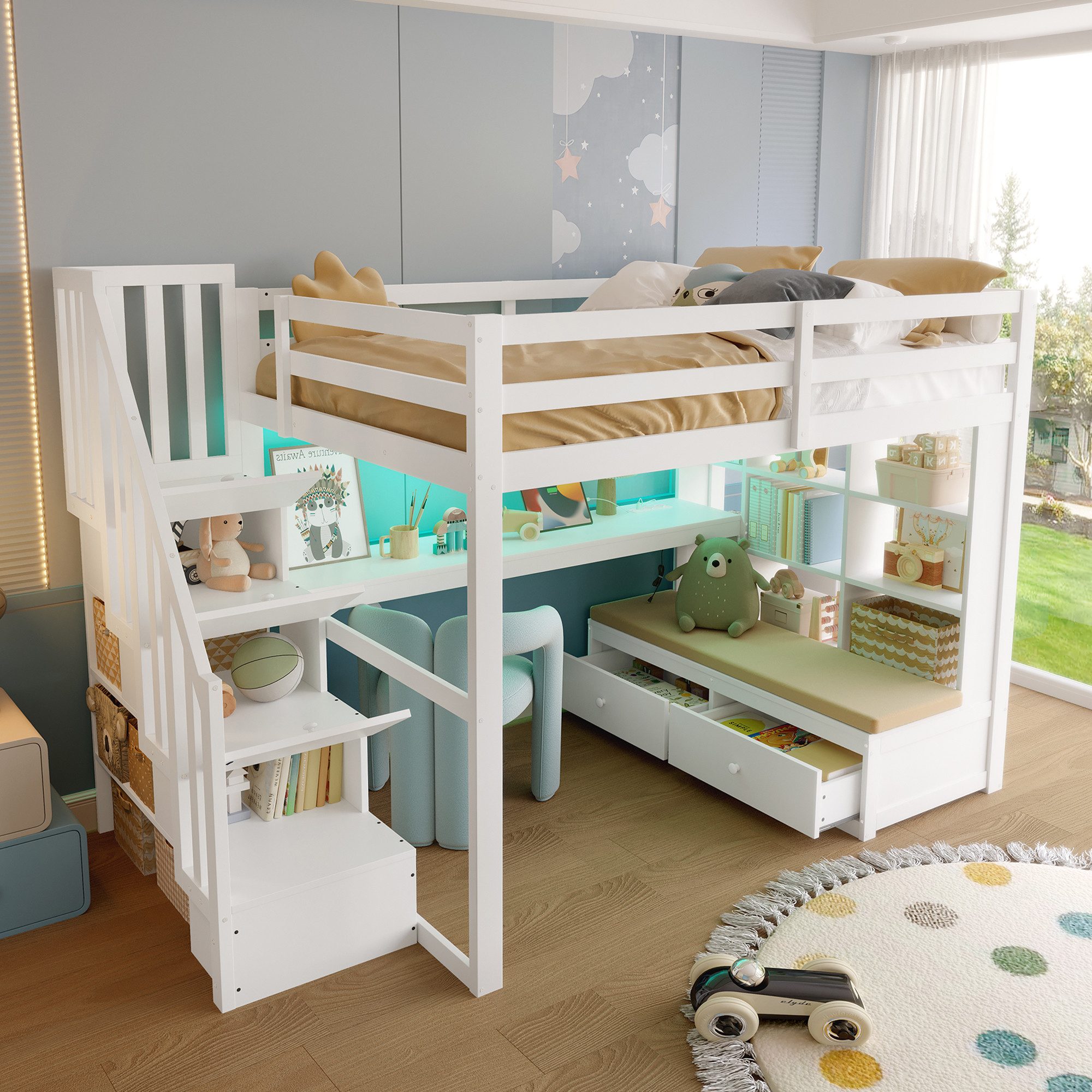 Flieks Hochbett Kinderbett 140x200cm mit LED, Stauraumtreppe, Schreibtisch, Schubladen