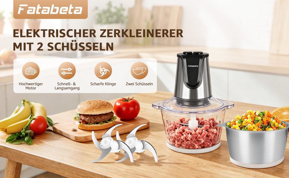 KNKA PRO Zerkleinerer Elektrischer Multizerkleinerer mit 2×2 L Glas- & Edelstahlschüsseln, 500 W, Fleischwolf 2 Messer, 2 Geschwindigkeitsstufen für Fleisch, Gemüse
