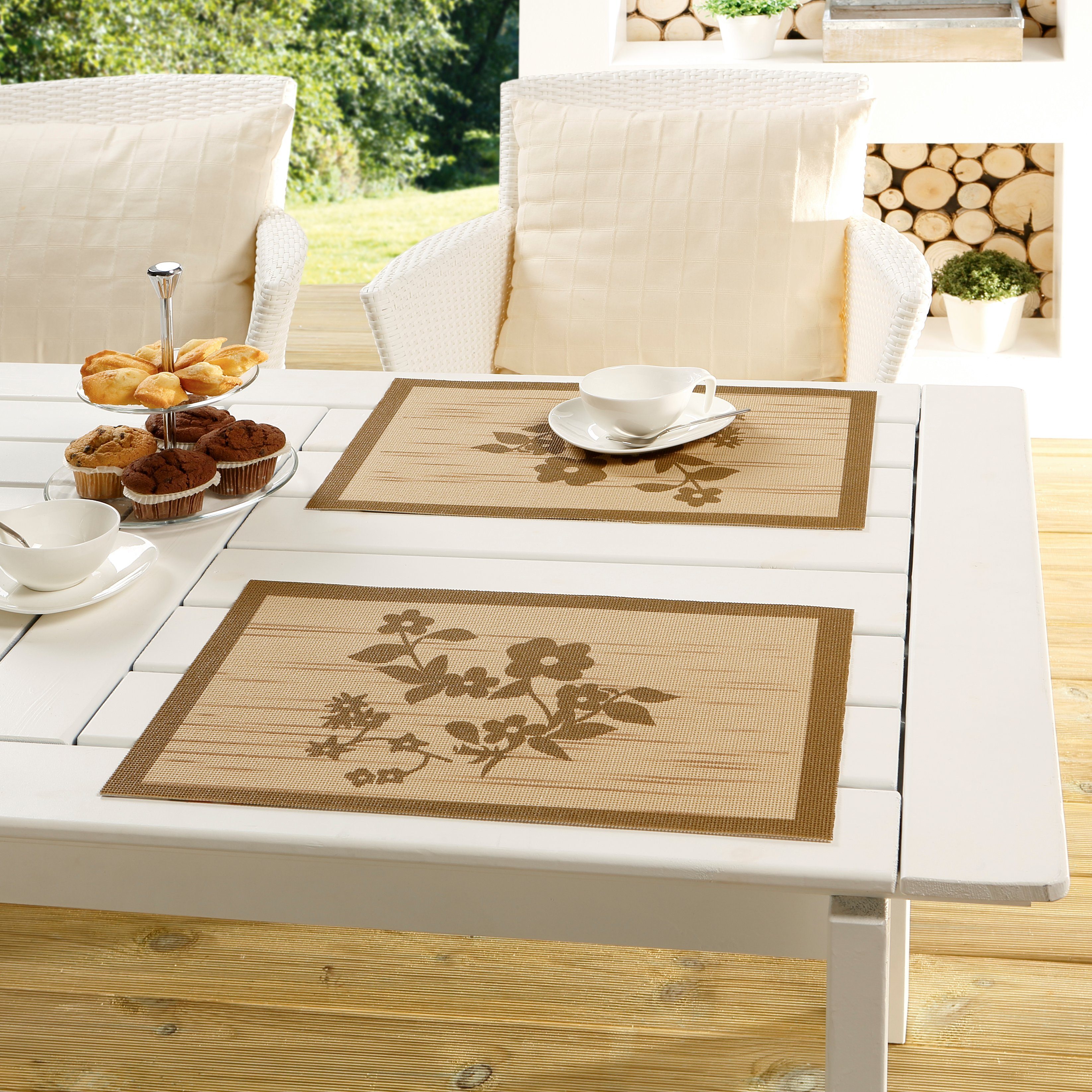 Peyer Syntex Gartentischdecke Tischset Borkum-Uni silber 30 x 45 cm 2er Pack, geschnitten Mocca-Beige
