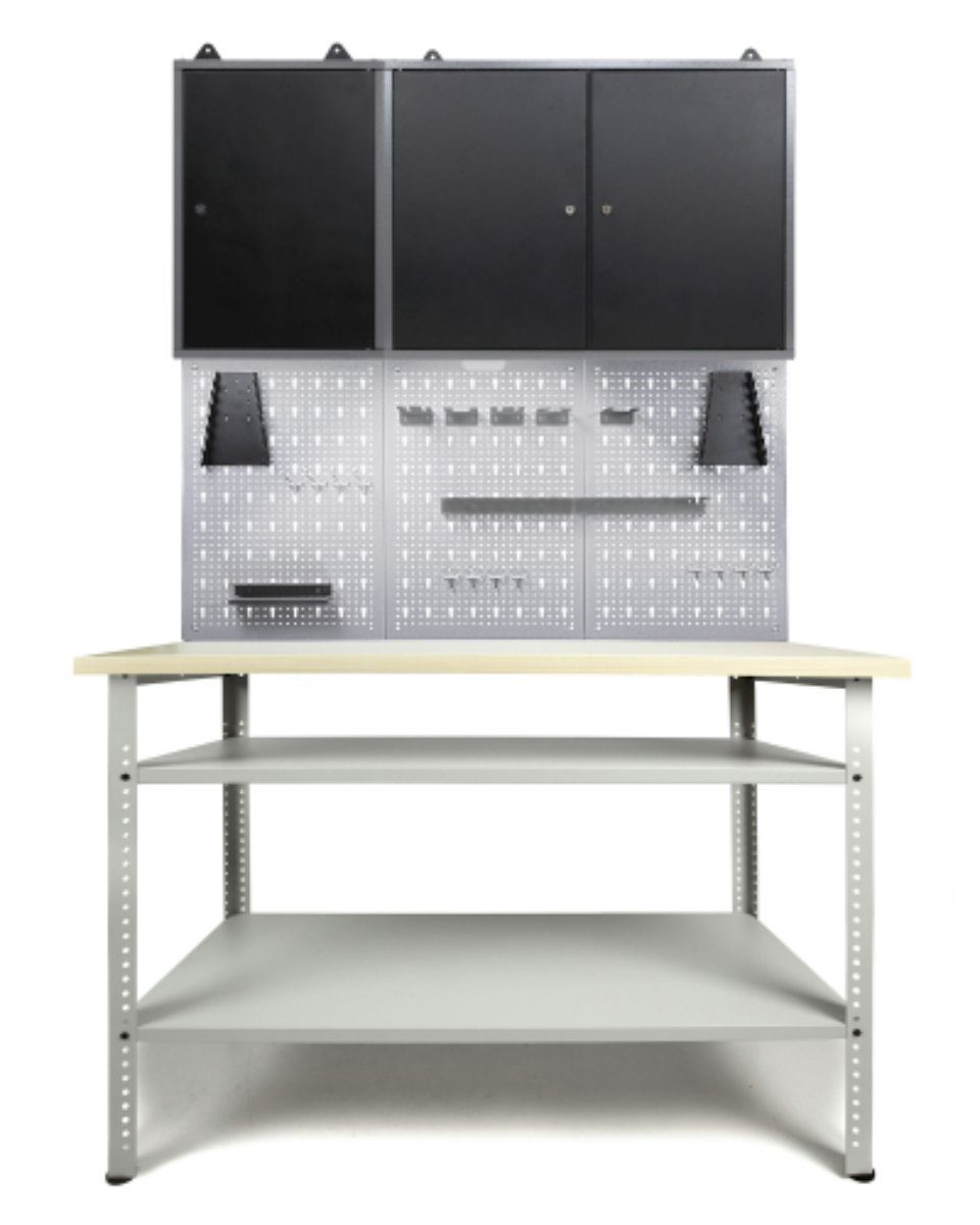 ONDIS24 Werkstatt-Set Werkstatteinrichtung 120 cm Werkbank Basic Pro, Metall, LED, Lochwand, Werkstattschrank, 1,20m (B) x 2,05m (H) x 0,60m(T)