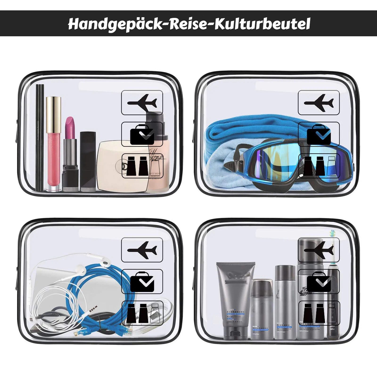 BlingBin Kulturbeutel Transparent, Kosmetiktasche Durchsichtig mit Handschlaufe (2er Set, 2-tlg., Produktabmessungen: 20*6*15cm), Wasserdicht PVC Make-up Tasche mit Reißverschluss für Männer, Frauen