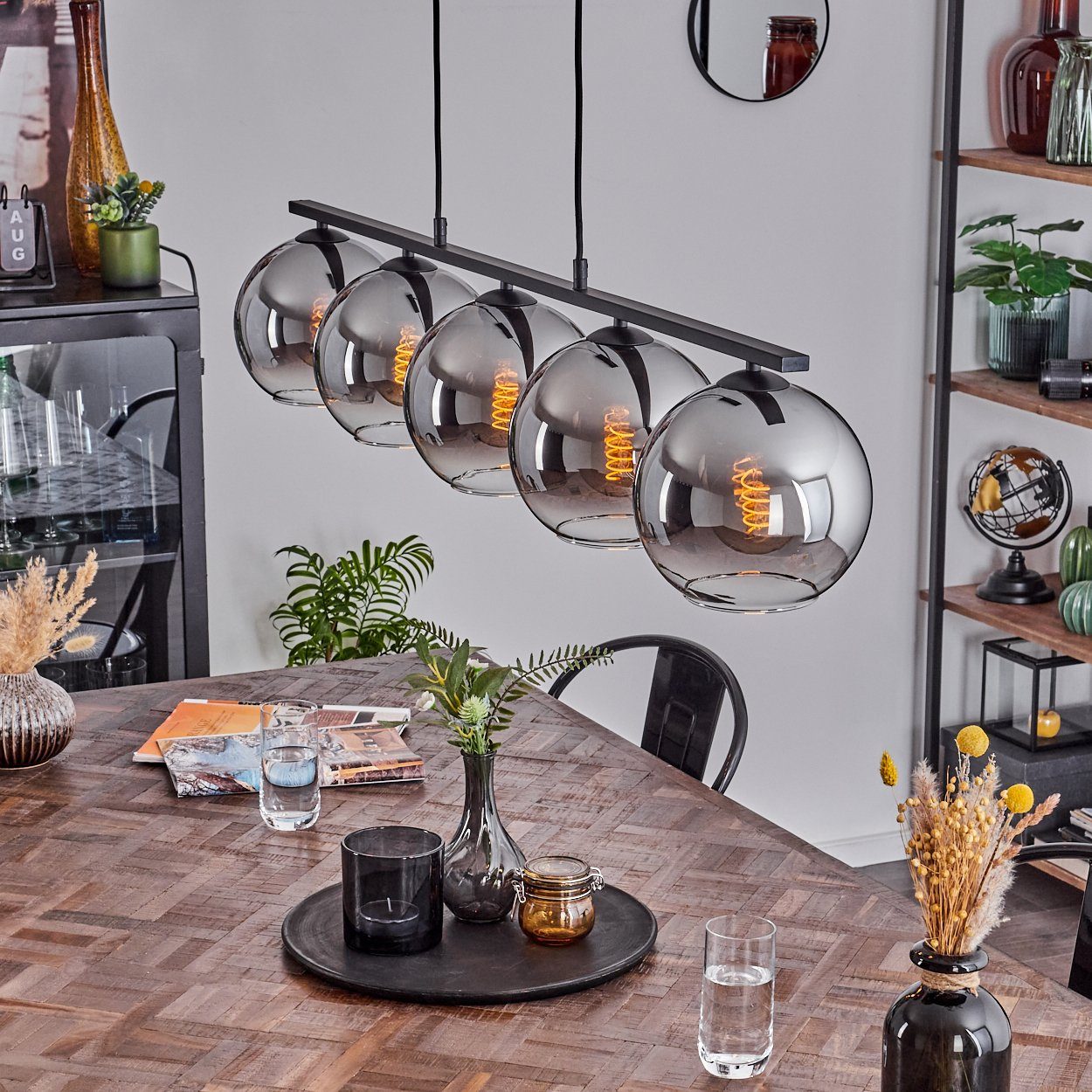 hofstein Pendelleuchte Hängelampe aus Metall/Glas in Schwarz/Chromfarben/Klar, ohne Leuchtmittel, Hängeleuchte mit Glasschirmen (20 cm), Höhe max. 116,5 cm, 5 x E27