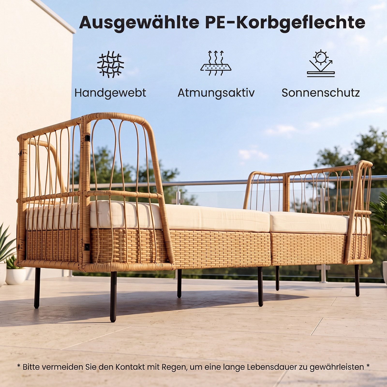 COSTWAY Gartenliege, Rattan Sofabett mit dickem Sitzkissen, verstellbaren Füßen