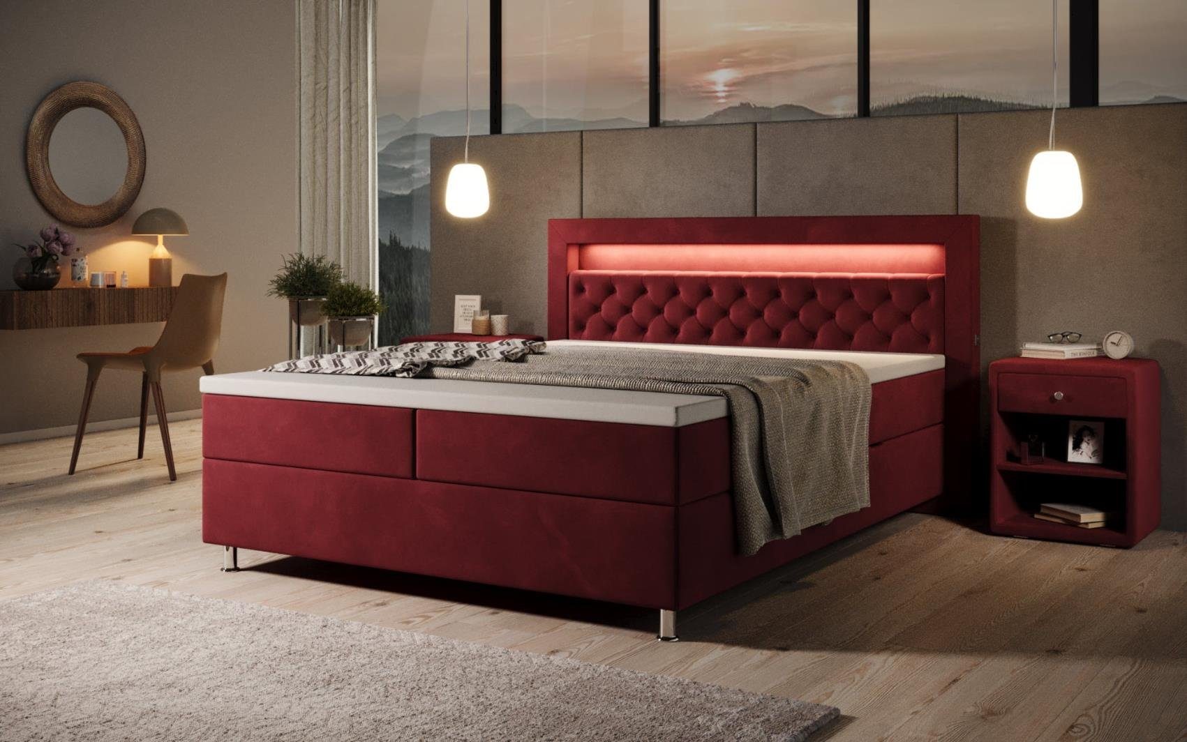 Luxusbetten24 Boxspringbett Troja, mit RGB, und USB Red Stauraum