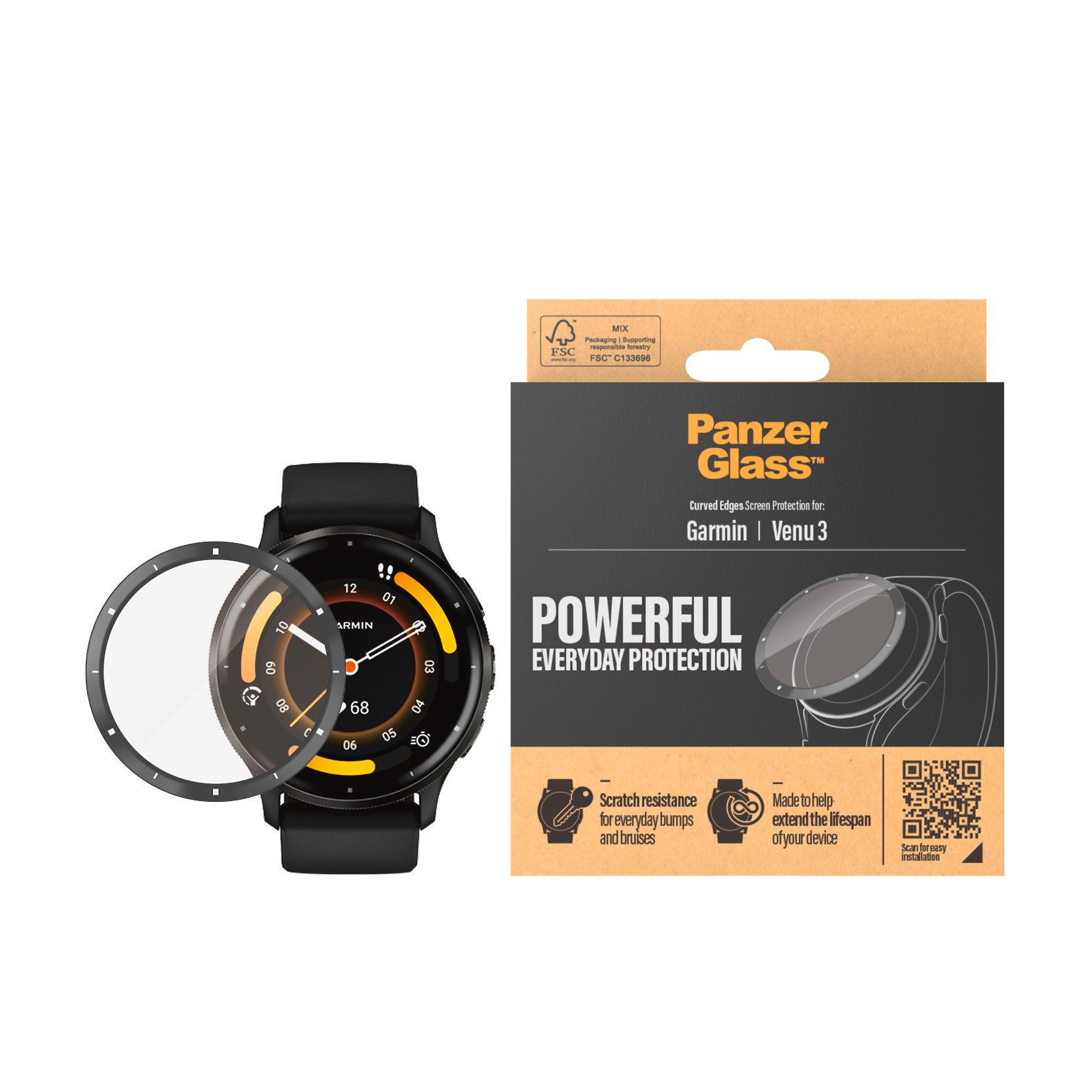 PanzerGlass Displayschutzglas Curved Edges Screen Protector für Garmin Venu 3, Displayschutzfolie, Schutzfolie, Bildschirmschutz, kratz- & stoßfest