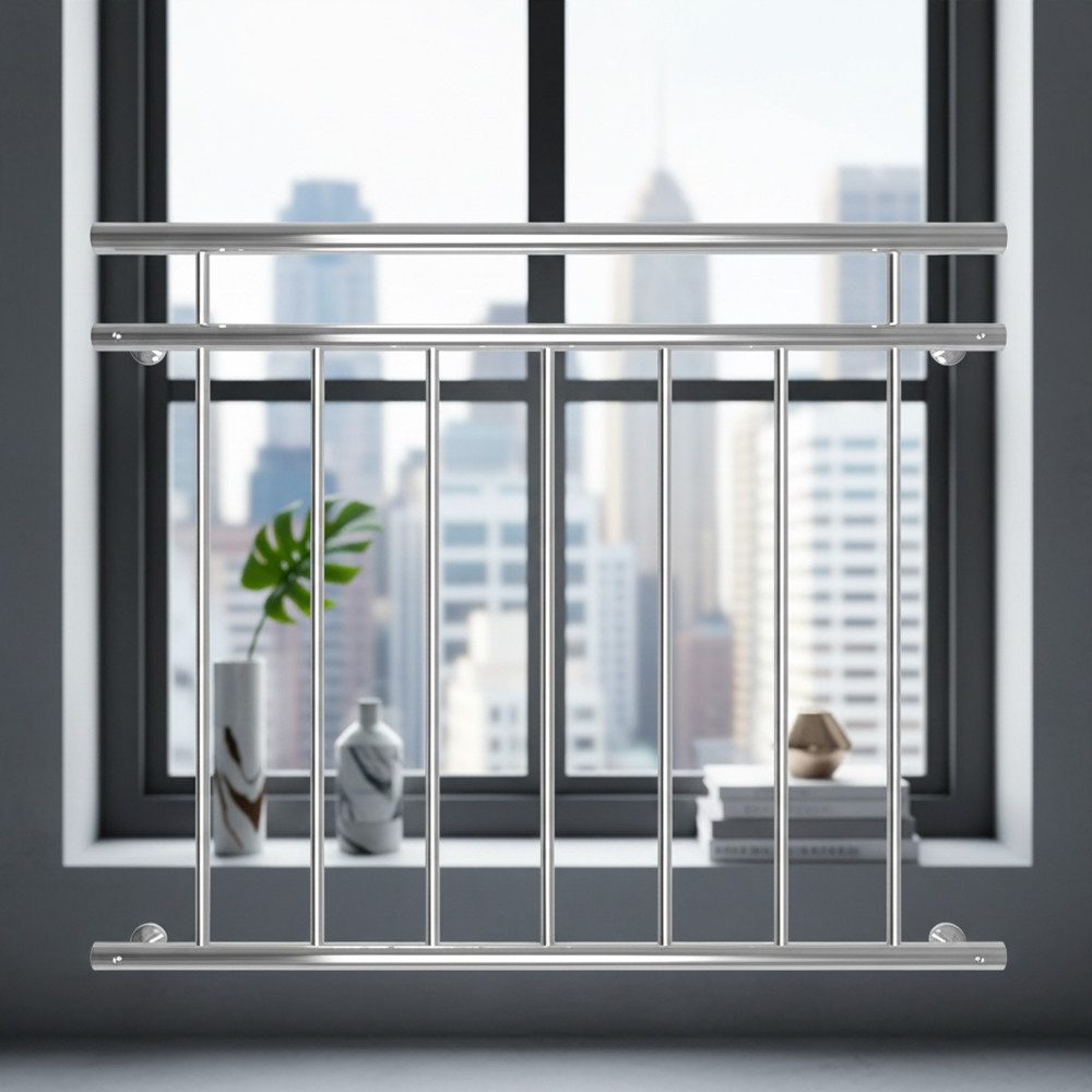 Mucola Brüstungsgeländer Balkongeländer Fenster Geländer Edelstahl Silber V2A Handlauf, 100 cm Länge, 90 cm Höhe, mit 2 Pfosten, Stück, 1-tlg., Premium-Geländer, V2A Edelstahl