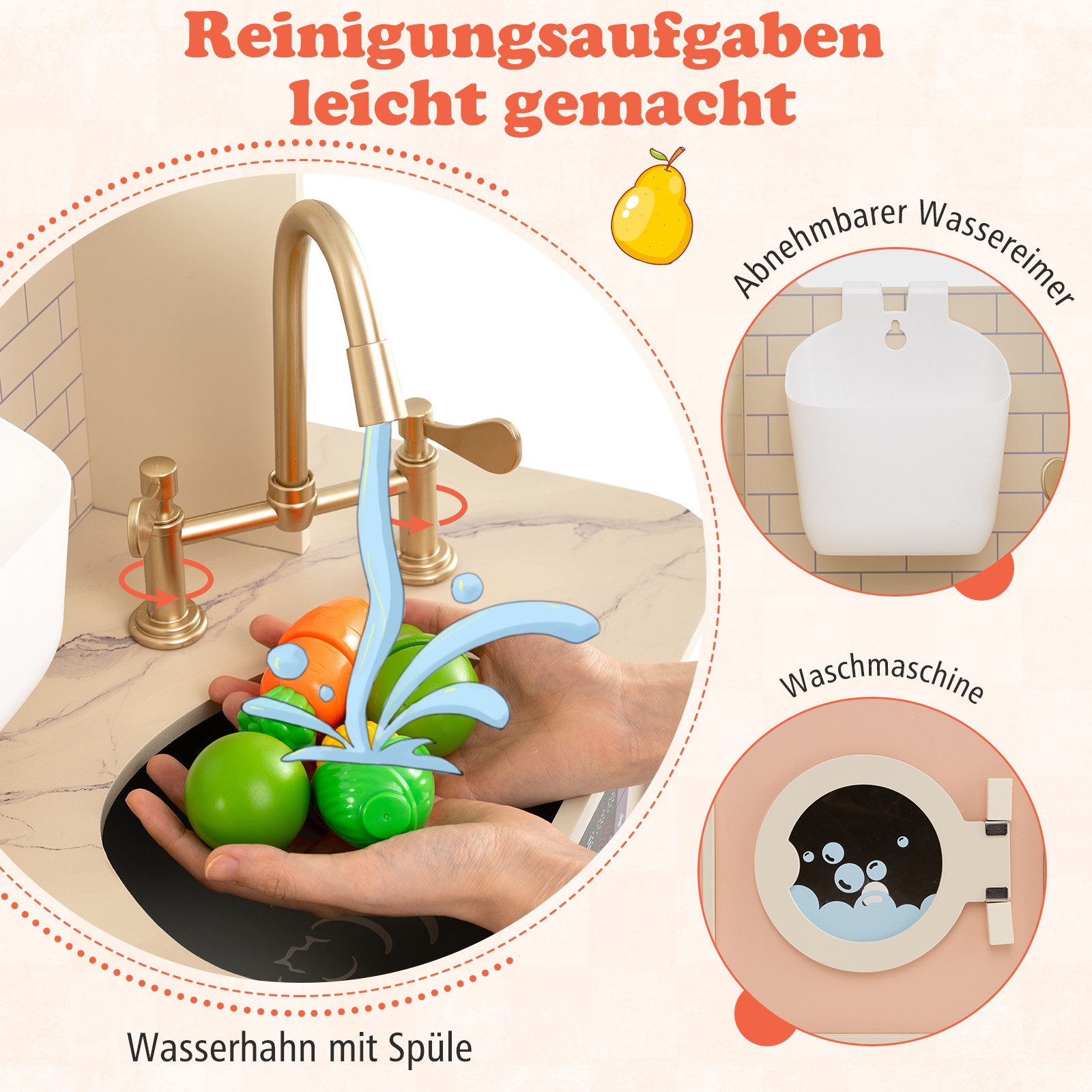 COSTWAY Spielküche Holz, Kinder Spielküche Spielset mit Toaster & Eisspender