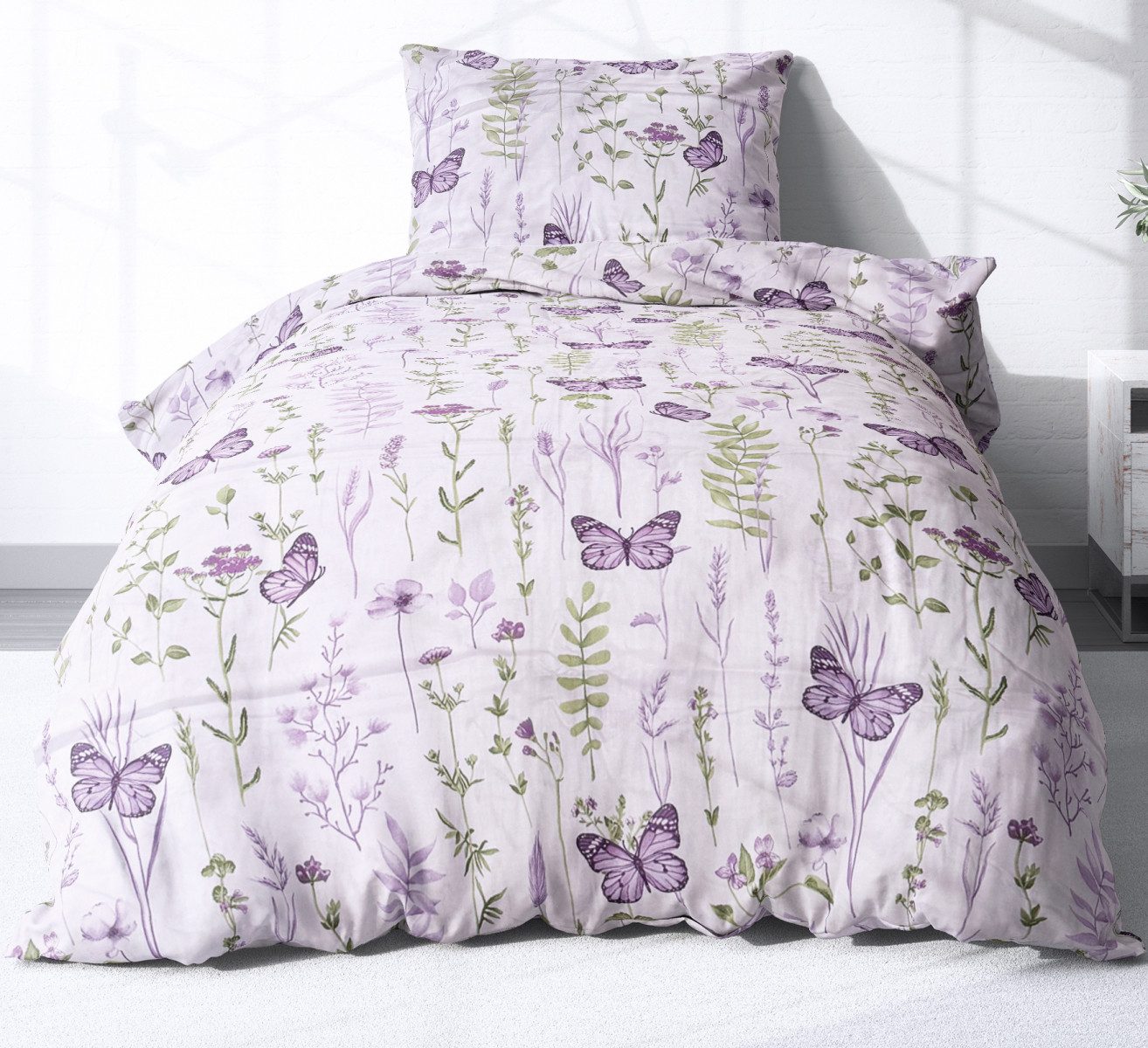 Heubergshop Bettwäsche, Renforcé, 2 teilig, 135x200cm und 80x80cm - Geblümt 100% Baumwolle (EW-Schmetterling)