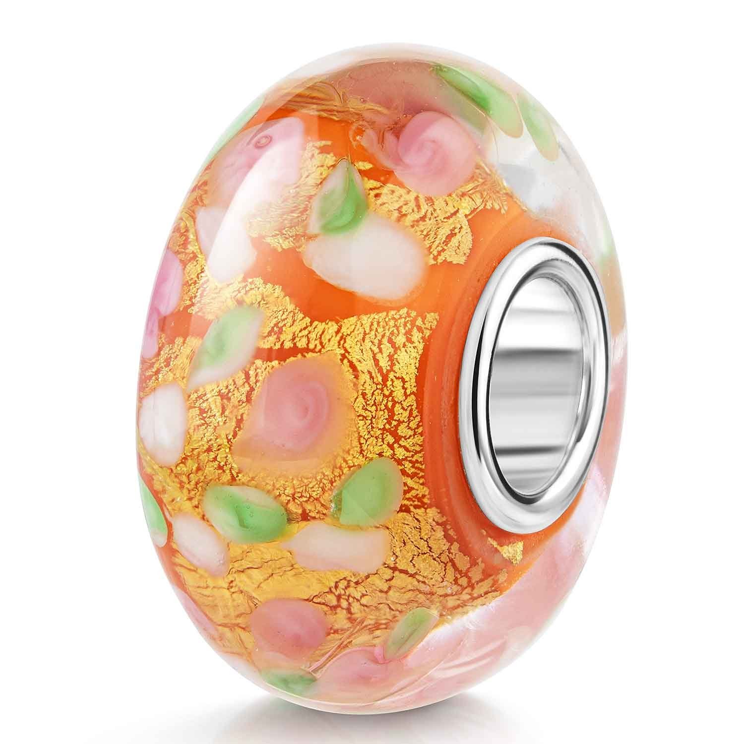 Materia Bead Glas Element Blüten mit Glitzerfolie Gold Orange 1707, Kern aus 925 Sterling Silber