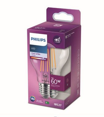 Philips LED-Leuchtmittel Philips LED E27 A60 Filament klar 7W=60W Birne 850lm 230V Kalt 4000K, E27, Kaltweiß