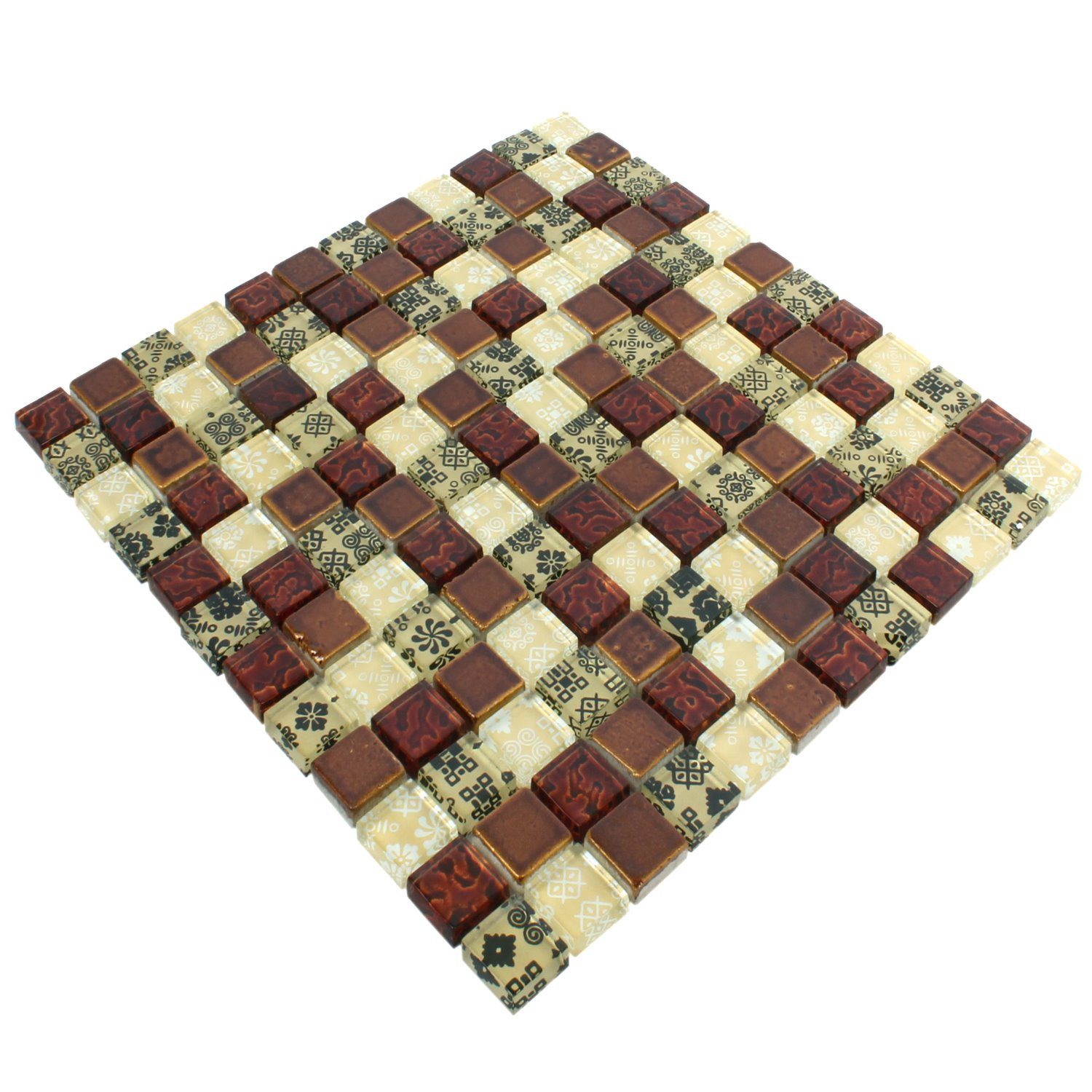 Mosafil Mosaikfliesen Mosaikfliesen Resin Glas Belmont, Naturstein-Resin-Glas 30.000x30.000, rot-beige-gelb, Verlegefertig auf ein Netz geklebt