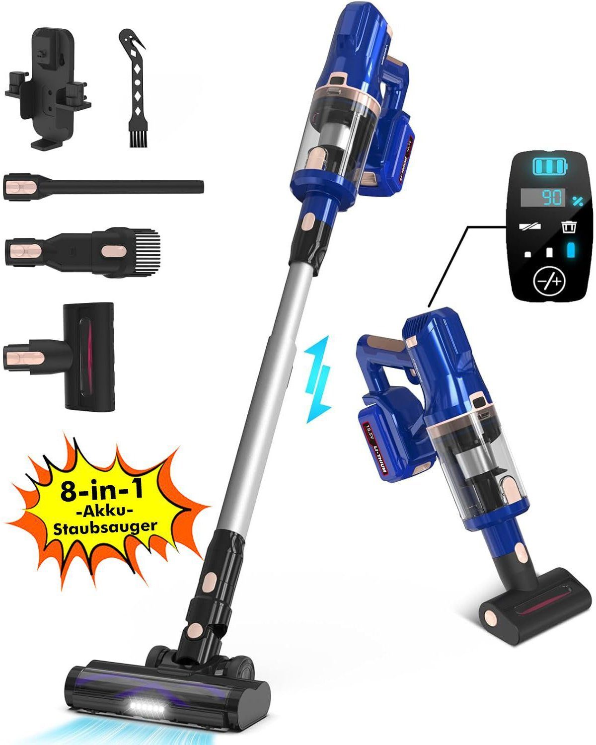 YISORA Akku-Hand-und Stielstaubsauger 33KPa mit Touchscreen, Staubsauger mit Milbenstaubsauger, Akku-Staubsauger, Lange Laufzeit von 55 Minuten und austauschbarer Akku