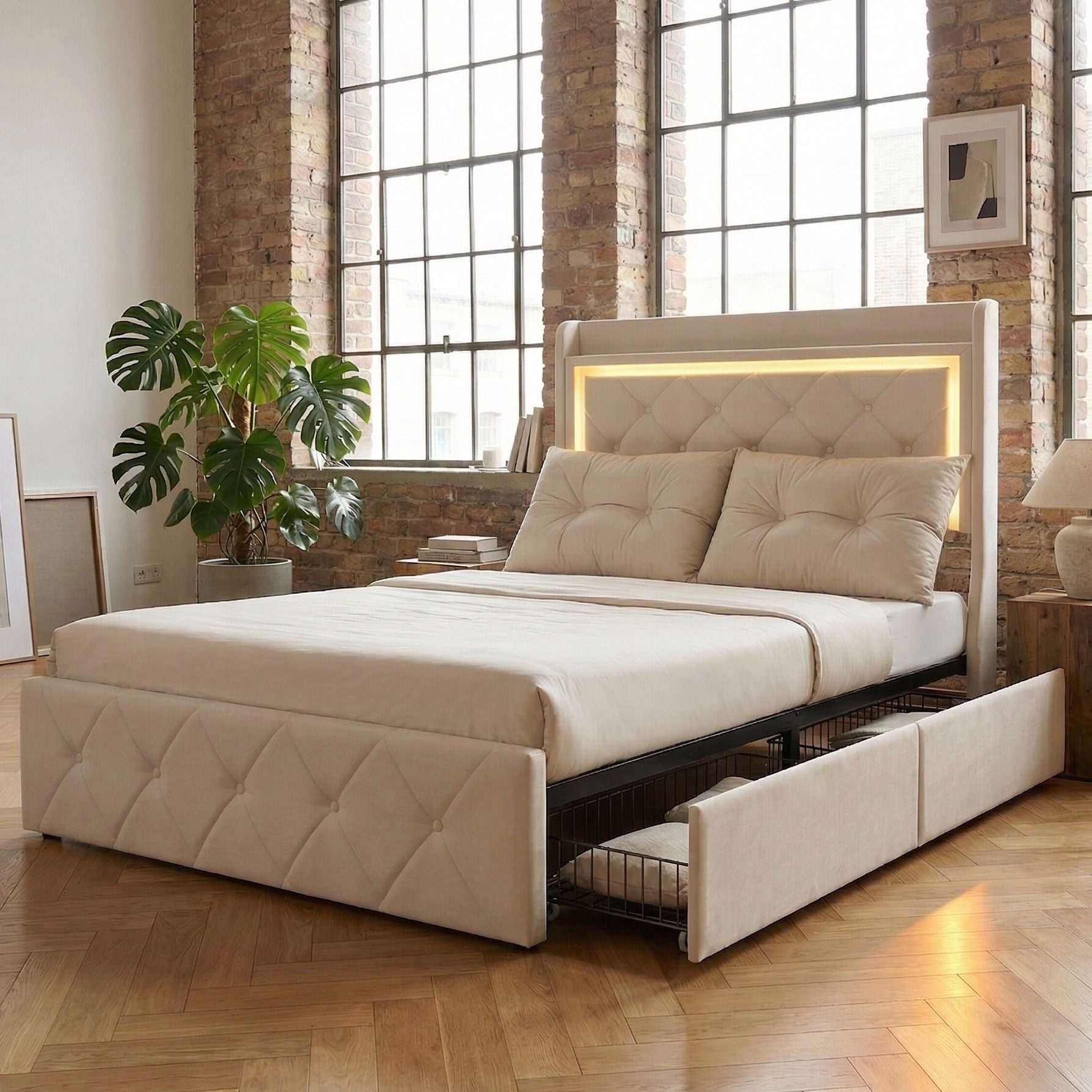 Furnishings Home Polsterbett LED Doppelbett 140x200cm, Stauraumbett mit Kopfteil und 4 Schubladen (Samtmaterial Polsterbett mit RGB Beleuchtung), mit Lattenrost und Ladefunktion, mit Komforthöhe, Leises Design Bett