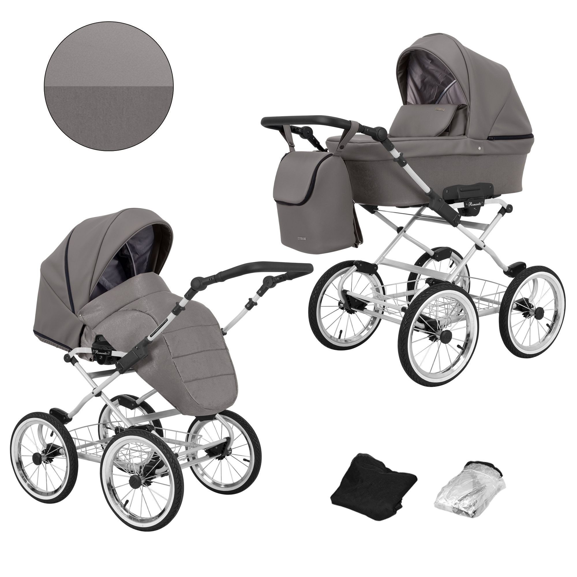 KUNERT Kombi-Kinderwagen Romantic 2 in1 Öko-Leder Kinderwagen mit AIR WHEEELS und grauem Rahmen, 3-in-1-Kit, stabiler Stahlrahmen, große aufblasbare Räder