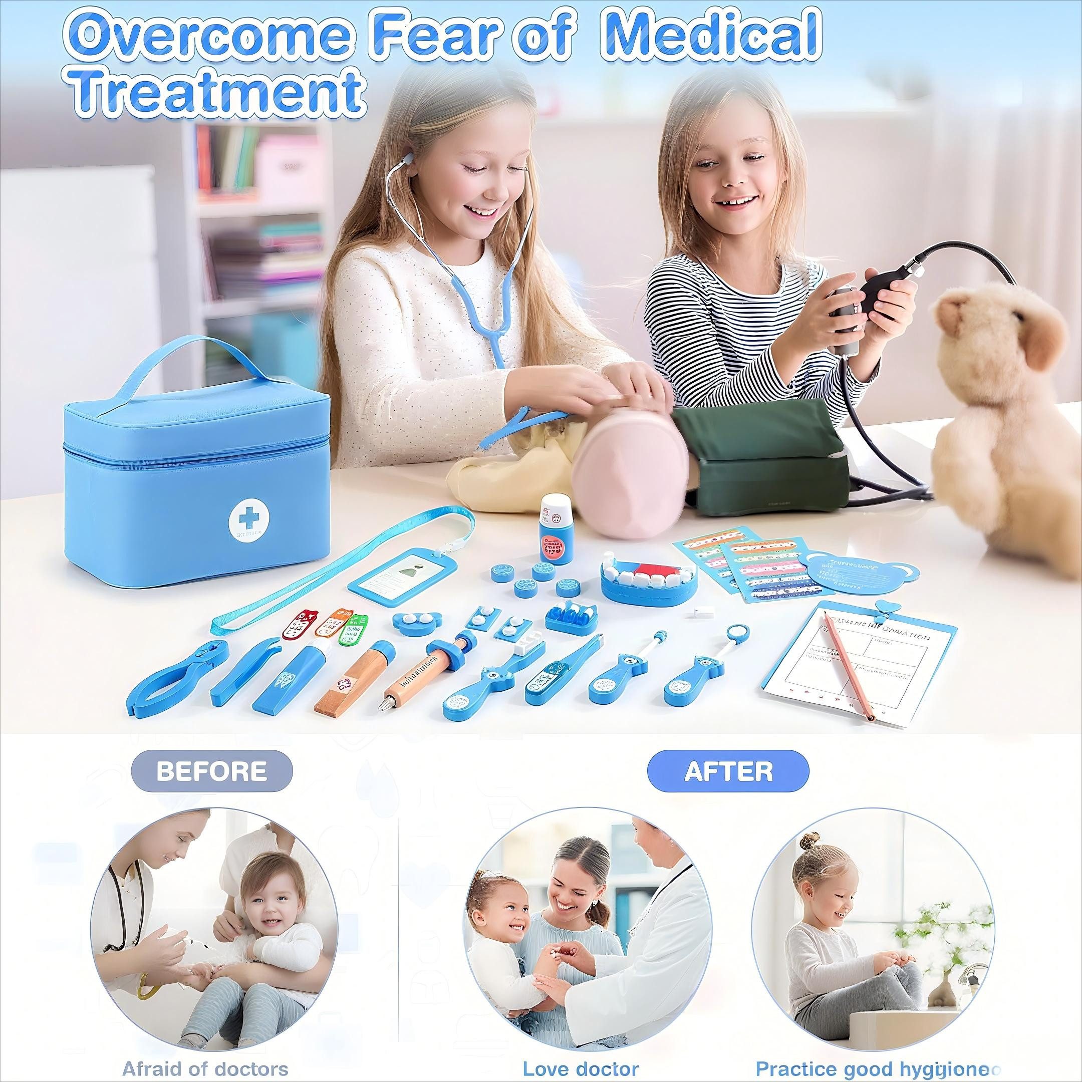 POPOLIC Spielzeug-Arztkoffer Rollenspielspielzeug für Kinder, Ärzte-Set, Anziehspielzeug, (Holz-Zahnarzt-Medizin-Spielset aus Holz mit hochsimulierendem Stethoskop, 1-tlg), Spielset für medizinisches Personal für Kinder ab 3 Jahren
