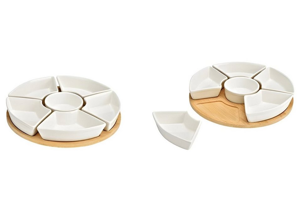 Lenxo Servierplatte Snackschalen 7-er Set weiß, Keramik, Bambus, rund,  (Set, 1x Servierplatte, 6 Schalen)
