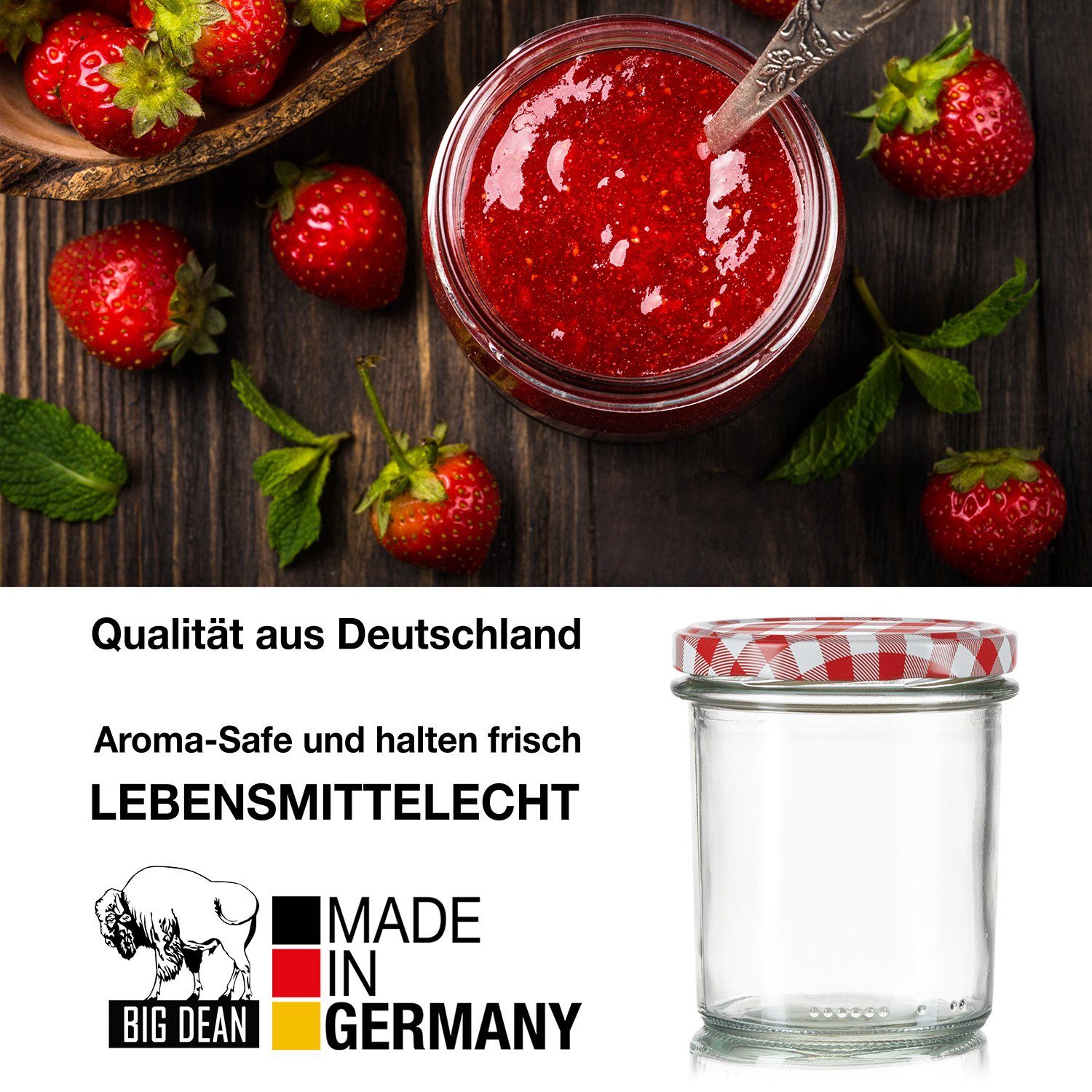 BigDean Einmachglas 350ml Sturzgläser Einkochgläser TO 82 Made in Germany, Glas, (Set, 12-tlg., Einmachgläser), Set aus 12 Gläsern + Deckel