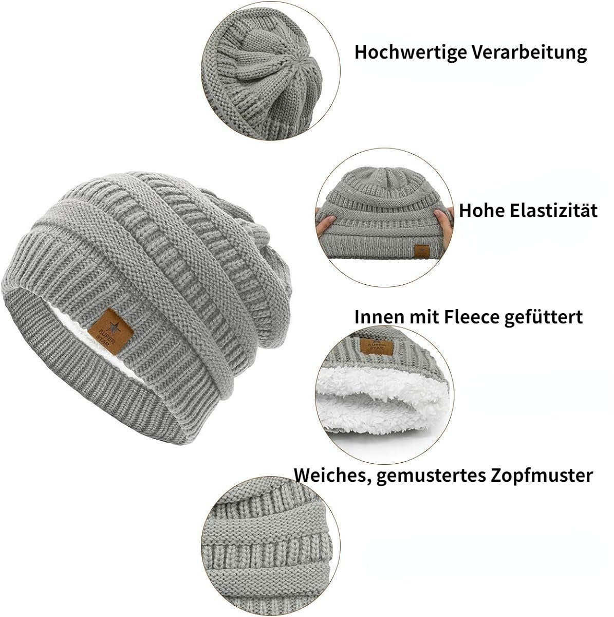 Blusmart Fleecemütze Winterstrickmütze (Grobstrick, gefüttert, Thermomütze) Unisex, ein Must-Have für den Winter – Bild 3 von 5