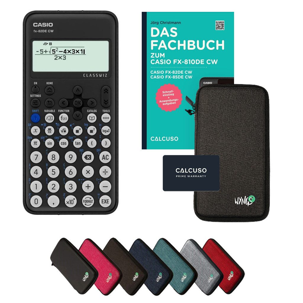 CASIO Taschenrechner fx-82DE CW inkl. Schutztasche Dunkelgrau & Fachbuch (96 Seiten, DINA5)