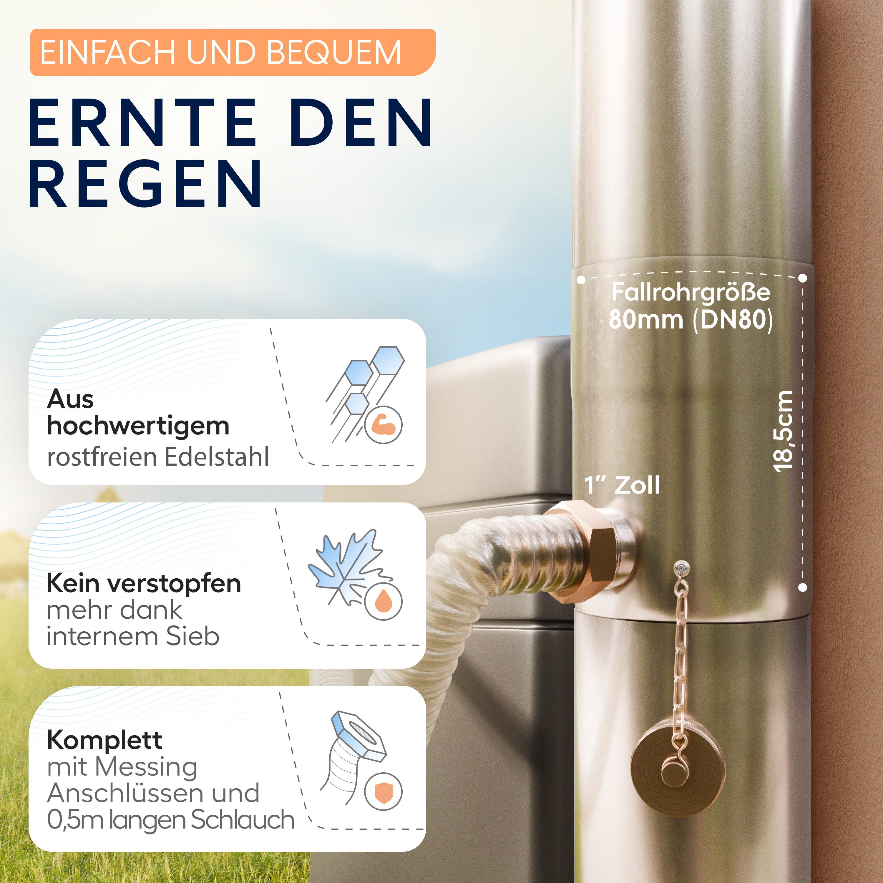 Drei Eichen Regentonnenfüllautomat Regenwassersammler mit Sieb - Fallrohre 8cm 10cm Edelstahl Schlauch, Edelstahl, Überlaufschutz, inkl. Sieb, Schlauch und Fass – Bild 2 von 5