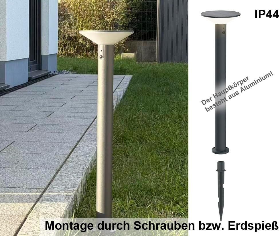 G&L Außen-Stehlampe Solar Wegeleuchte mit Bewegungsmelder, Gartenbeleuchtung Aussenlampe, 300lm, 3000K Warmweiße, mit Integrierter 2000mAh-Batterie