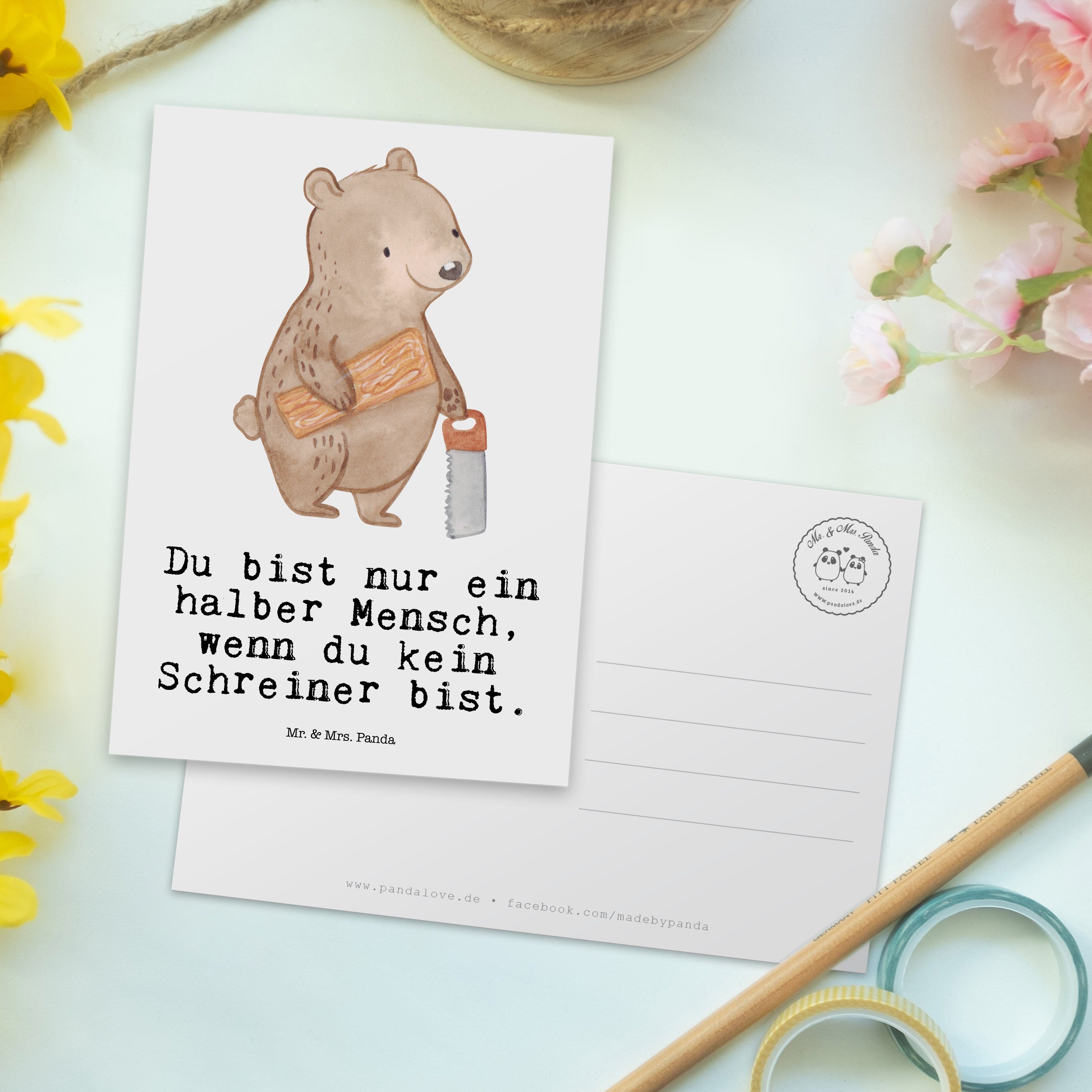 Mr. & Mrs. Panda Ansichtskarte, Herz Geschenk, Weiß Einla - - Grußkarte, mit Schreiner Postkarte