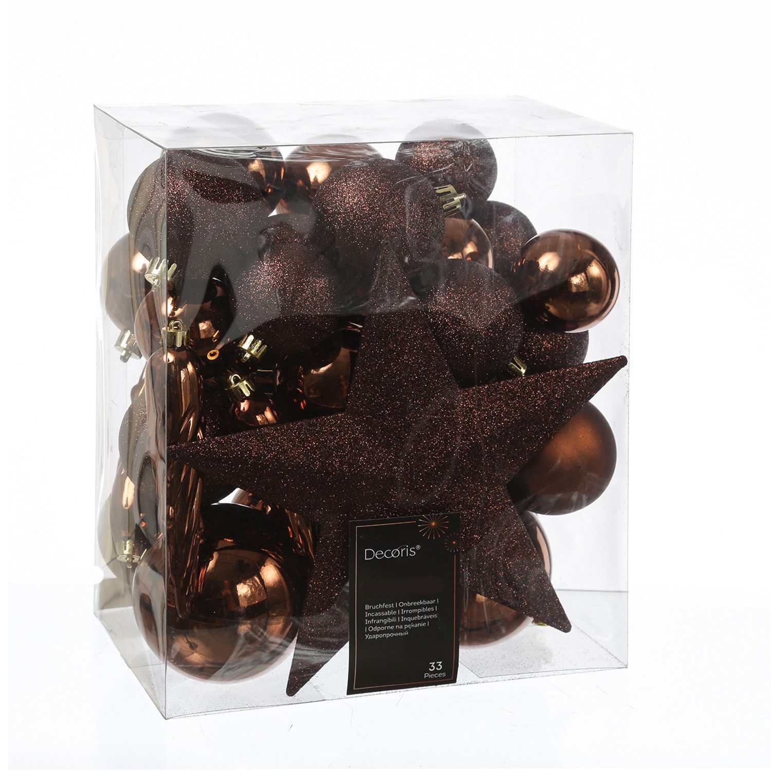 MARELIDA Weihnachtsbaumkugel Christbaumkugeln Weihnachtskugeln mit Stern Baumspitze braun 33 Stück (33 St)