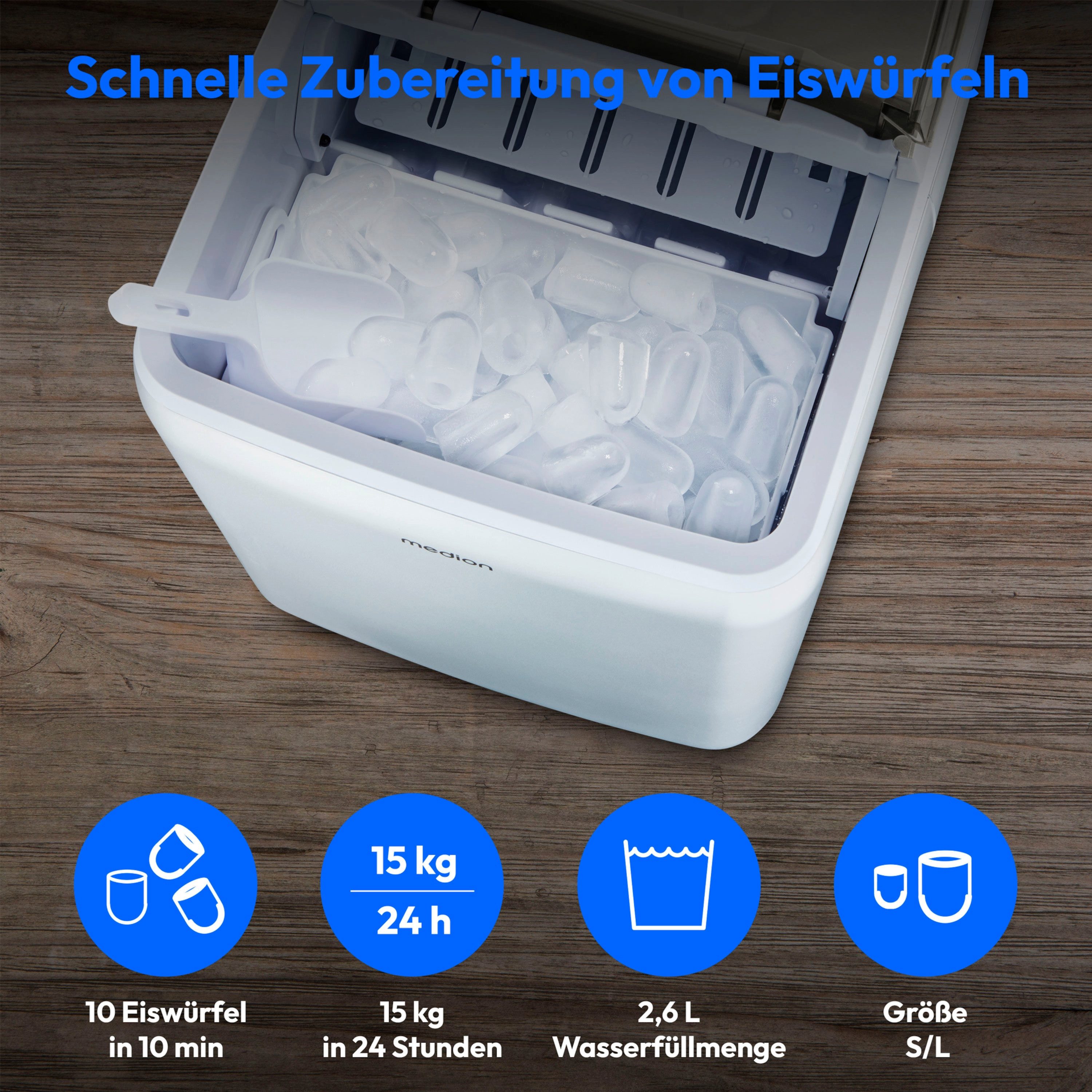 Medion® Eiswürfelmaschine MEDION Klareis Eiswürfelbereiter MD 11950, Produktionszyklus ca. 10 Minuten, 2 wählbare Größen