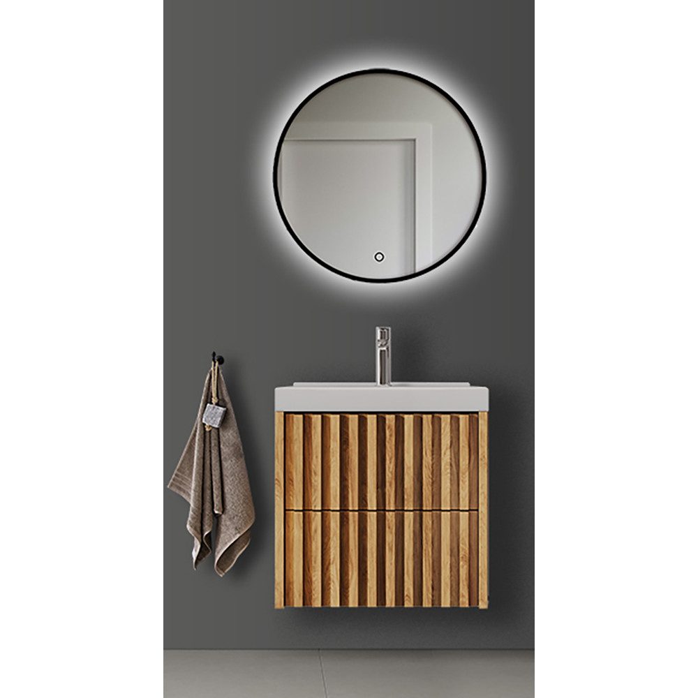 Lomadox Badmöbel-Set DESIO-107, (Spar-Set, 2-St., Waschtisch LED-Spiegel), in Eiche Nb. mit Lamellenfront, griffloses Design, Softclose