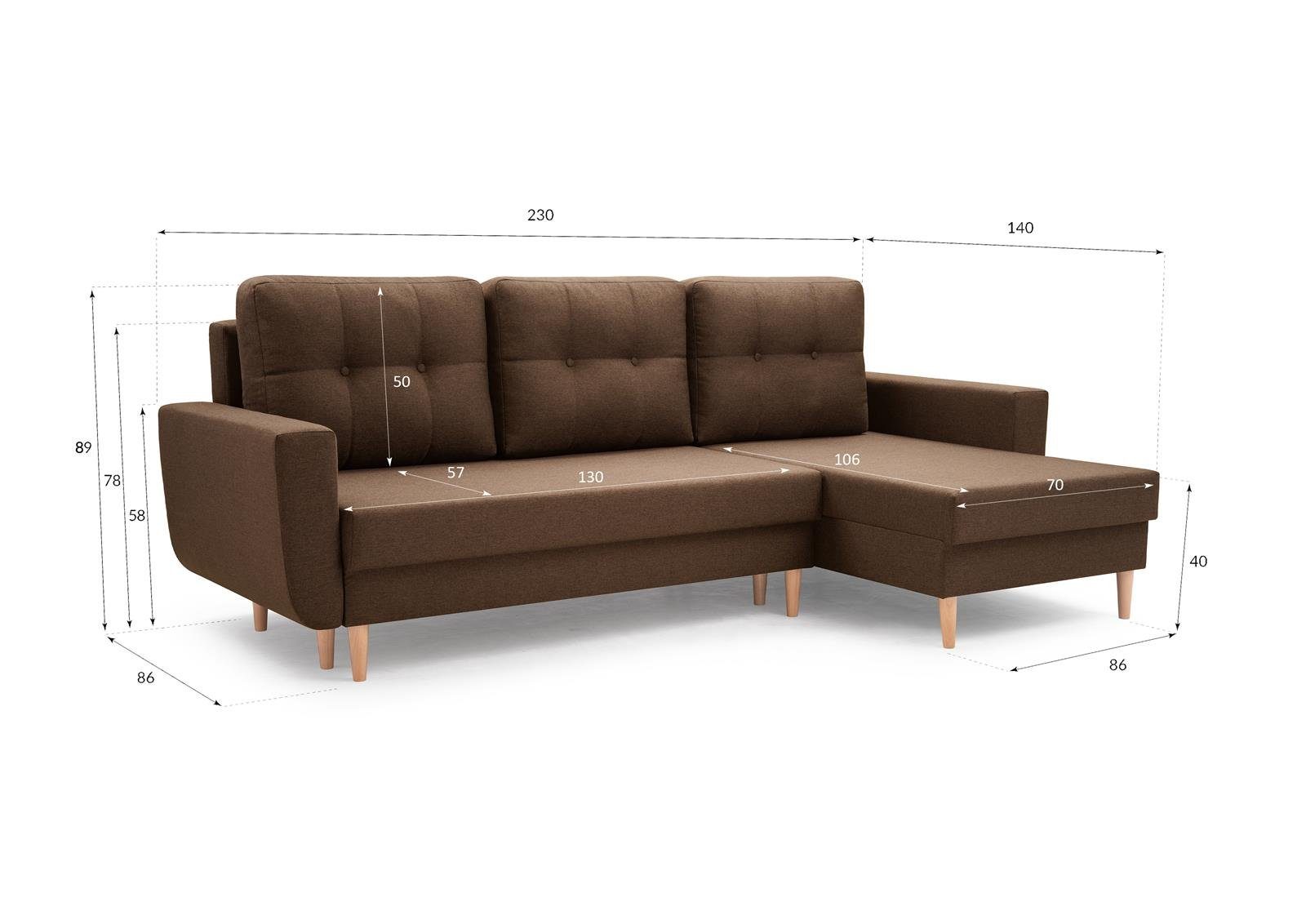 mane 28) Sofa Braun Ecksofa universelle (malmo mit mit Polsterecke Beautysofa Schlaffunktion, Couch new ONLY,