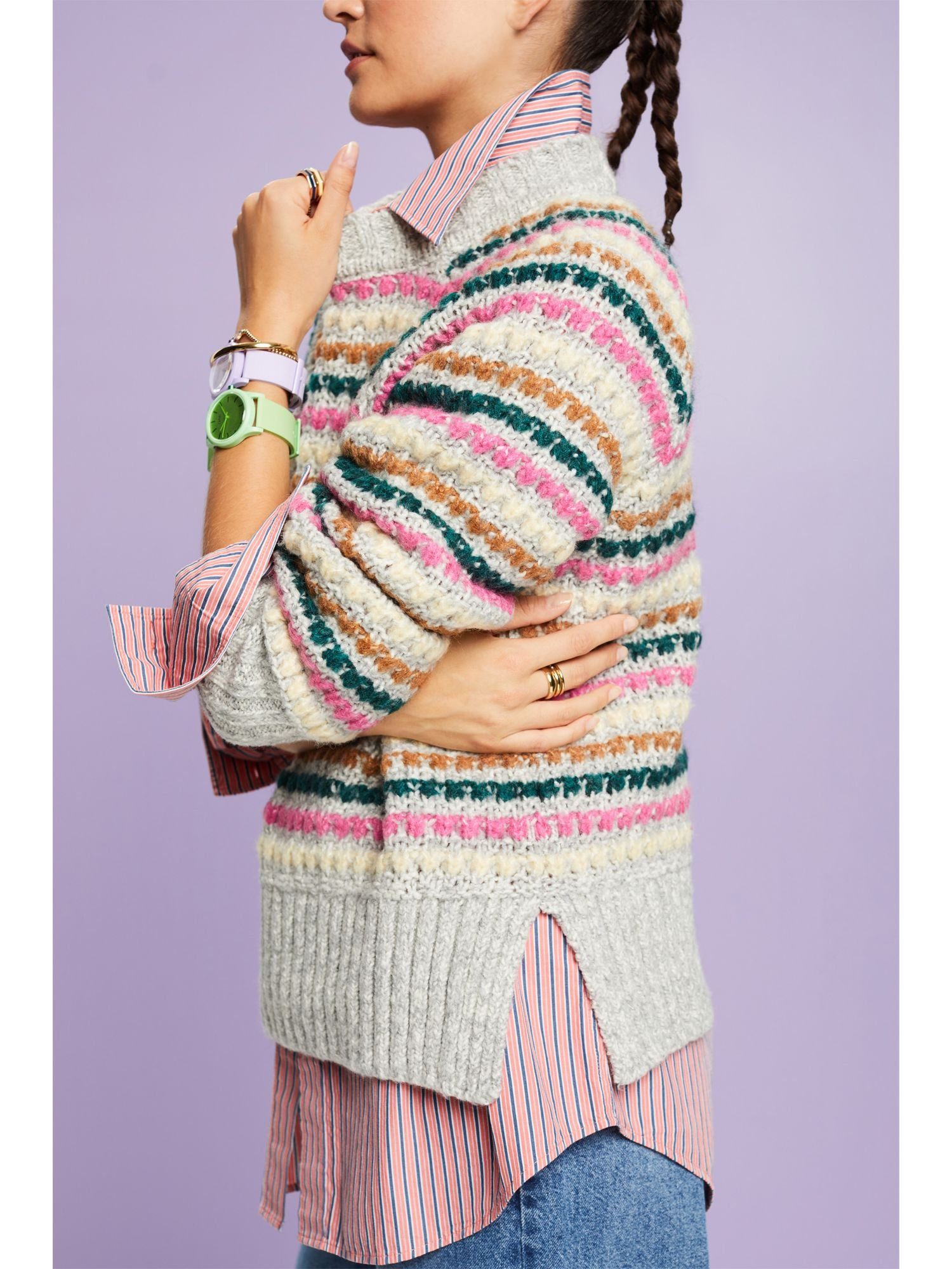 LIGHT Rundhalspullover Pullover Esprit Wolle Baumwolle aus GREY und