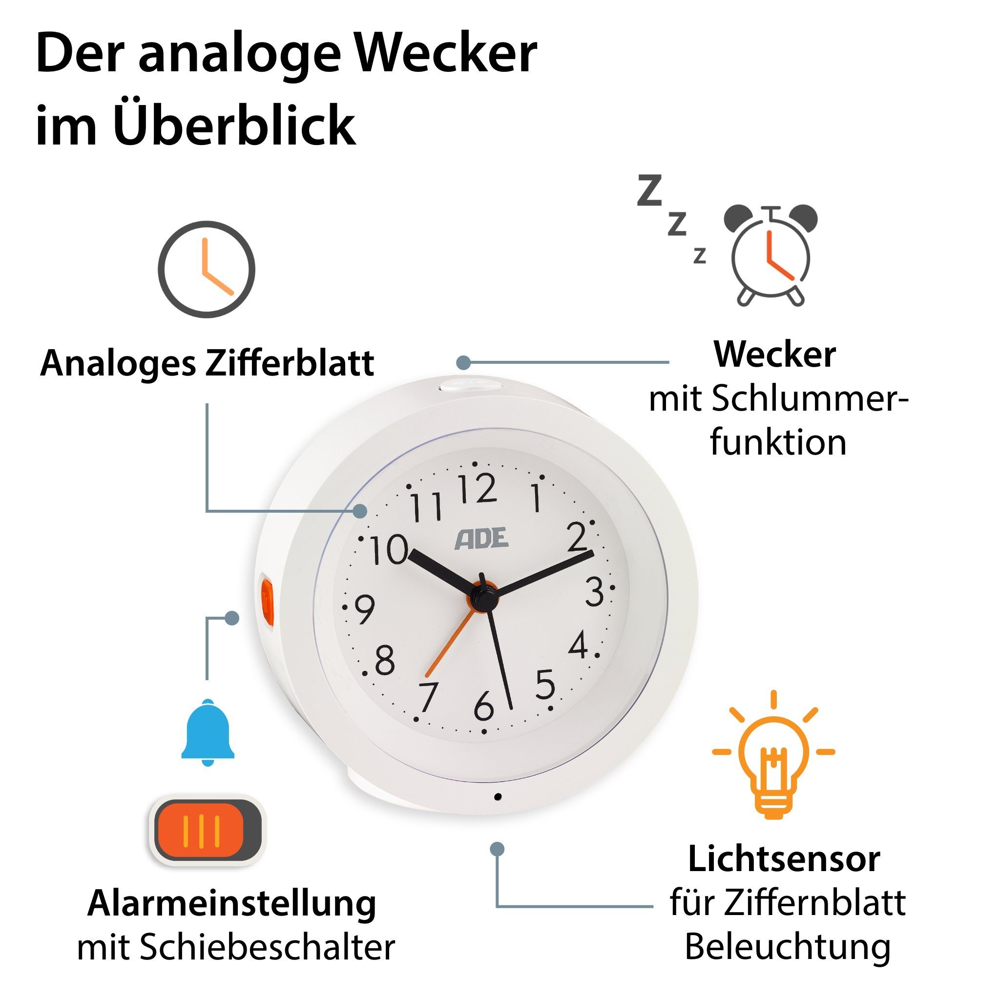ADE Wecker Analoger Wecker ohne Ticken, geräuschlos mit automatischem Nachtlichtsensor, perfekt als Reisewecker