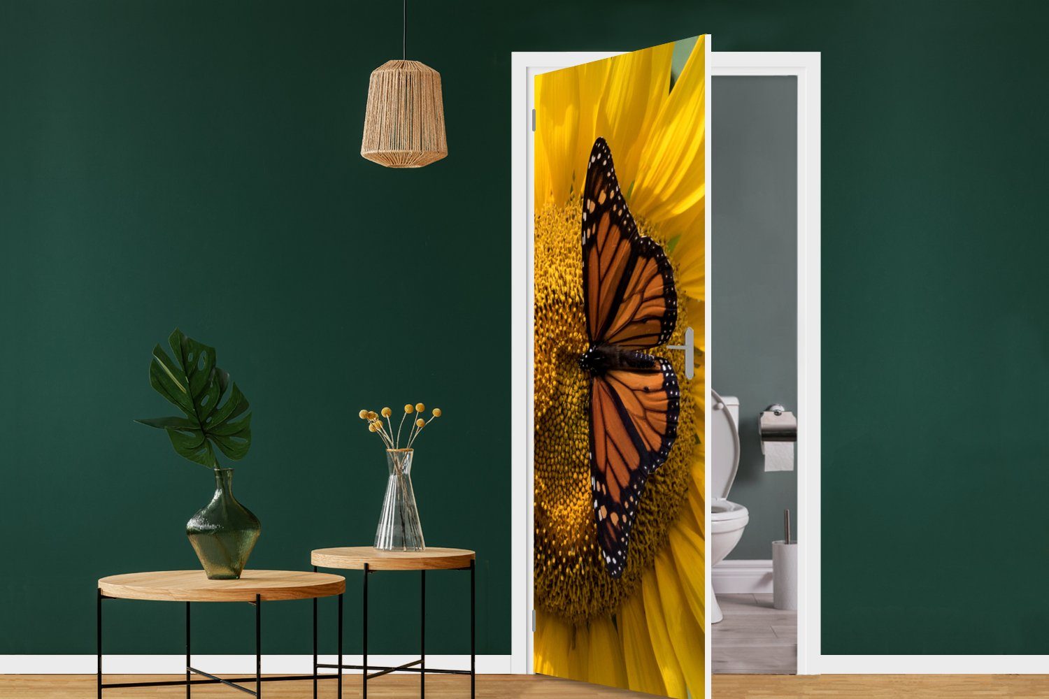 Matt, Türtapete Sonnenblume Türaufkleber, St), Tür, - cm - Frühling, für bedruckt, 75x205 MuchoWow (1 Fototapete Schmetterling