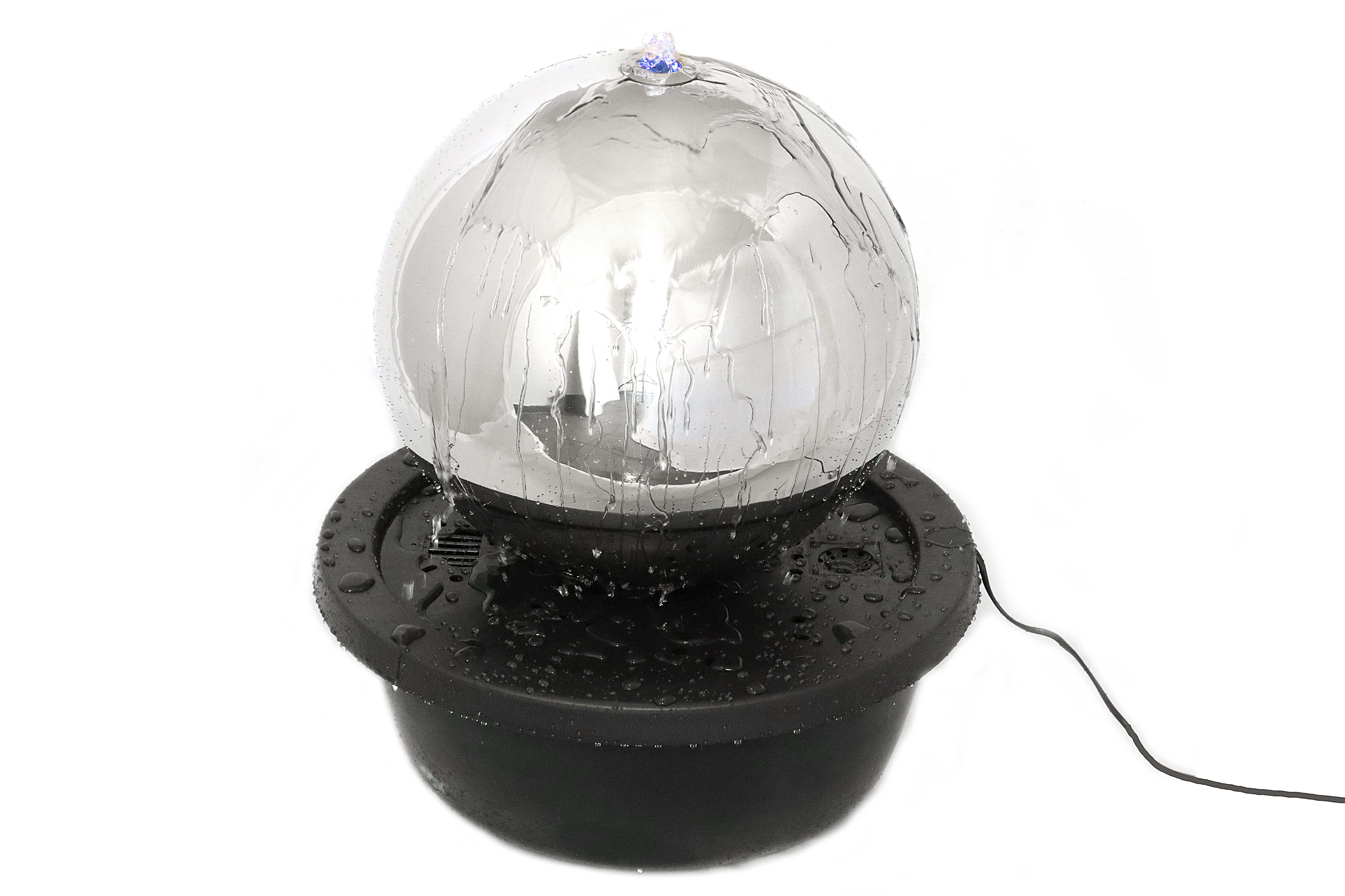 ELLUG Gartenbrunnen Zierbrunnen in Plastik-Schale mit Edelstahl-Kugel, inkl. Pumpe & LED