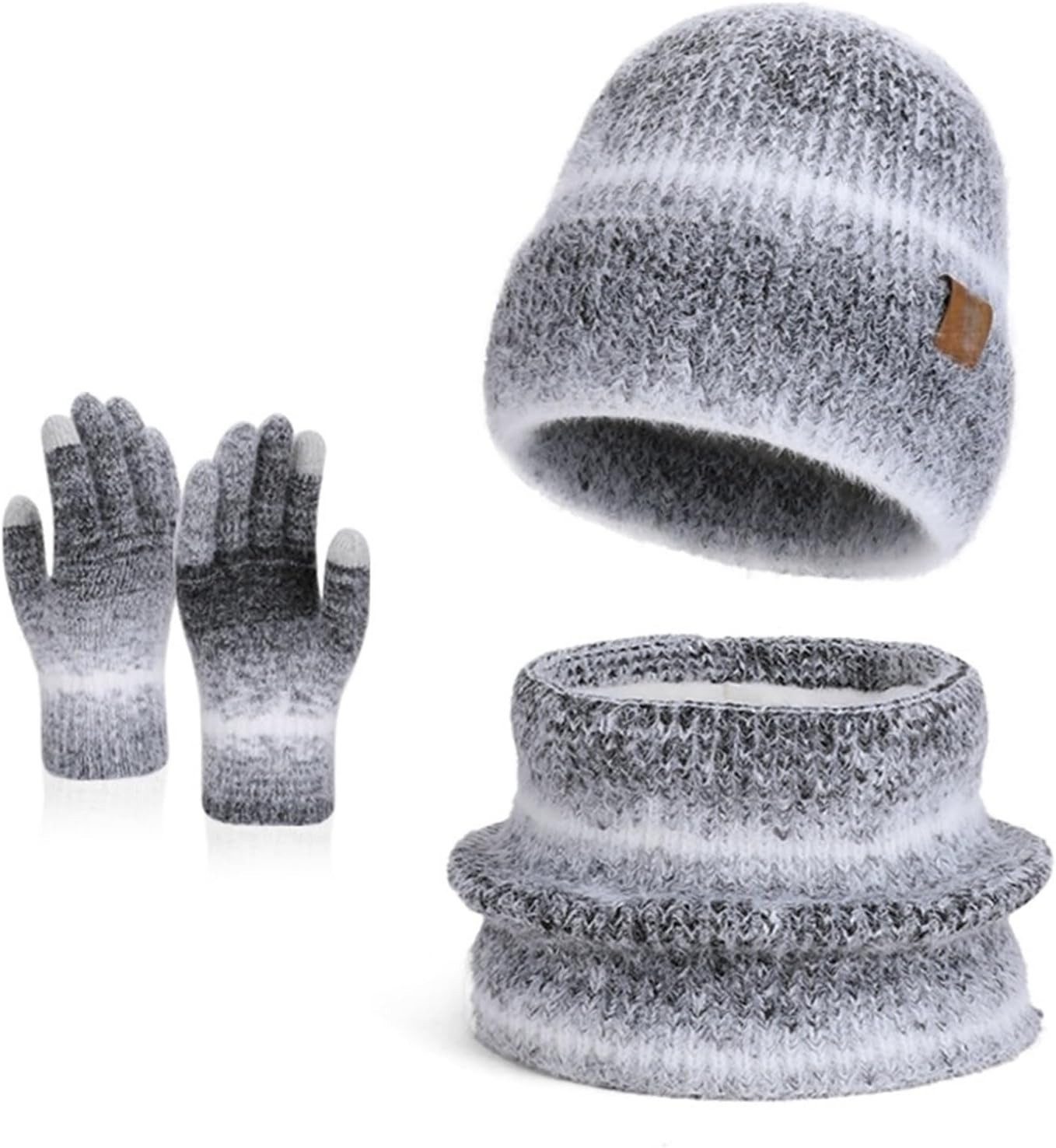 Zaewry Mütze & Schal Damen-Wintermütze, Schal, Touchscreen-Handschuhe warmes Fleece-Strick, Wintergeschenk, Halstuch für Damen