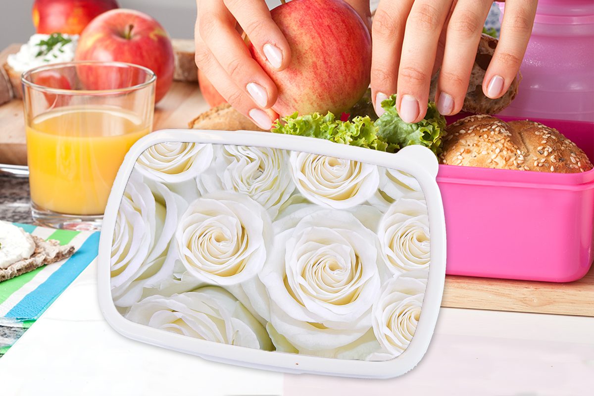 - Weiß, (2-tlg), - für Mädchen, Brotbox Kunststoff, Lunchbox Kinder, Kunststoff Snackbox, Rosen Brotdose Blumen rosa Erwachsene, MuchoWow