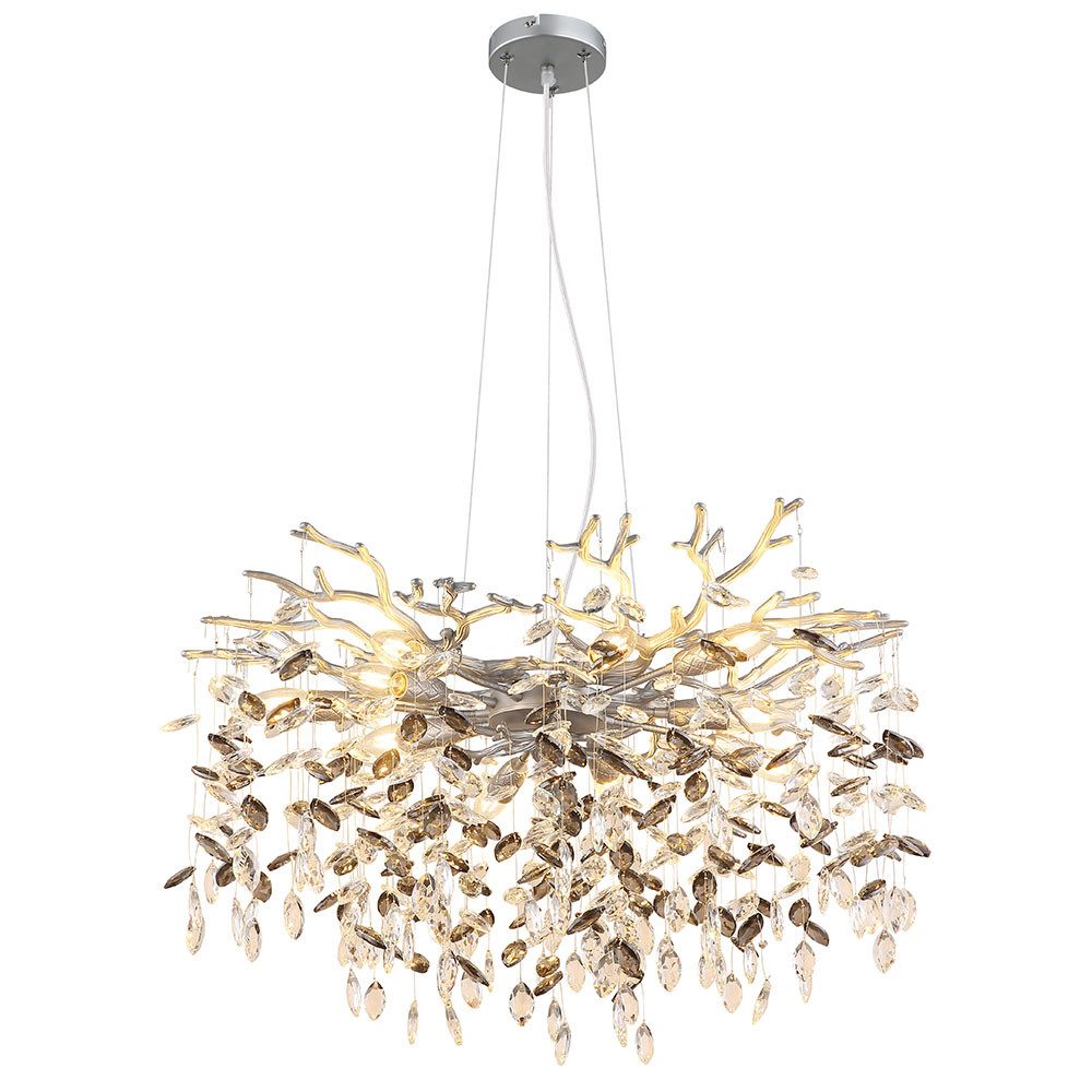 GLOBO LIGHTING Kronleuchter, Leuchtmittel inklusive, Warmweiß, LED Pendelleuchte Kronleuchter silber Glaskristalle rauchfarben