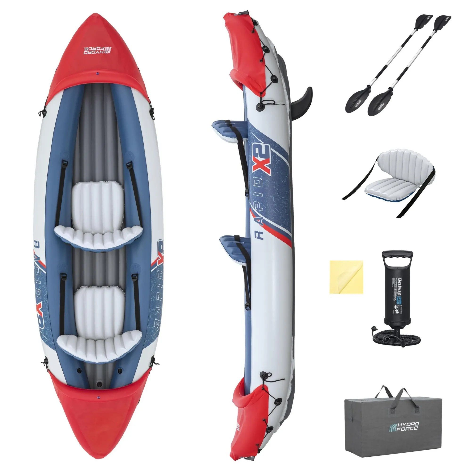 BESTWAY Schlauchboot Kajak Zweisitzer, (Spar-Set, 1-St., 321x88x42cm 160kg), Komplettset mit Paddeln & Pumpe, 160kg Tragkraft