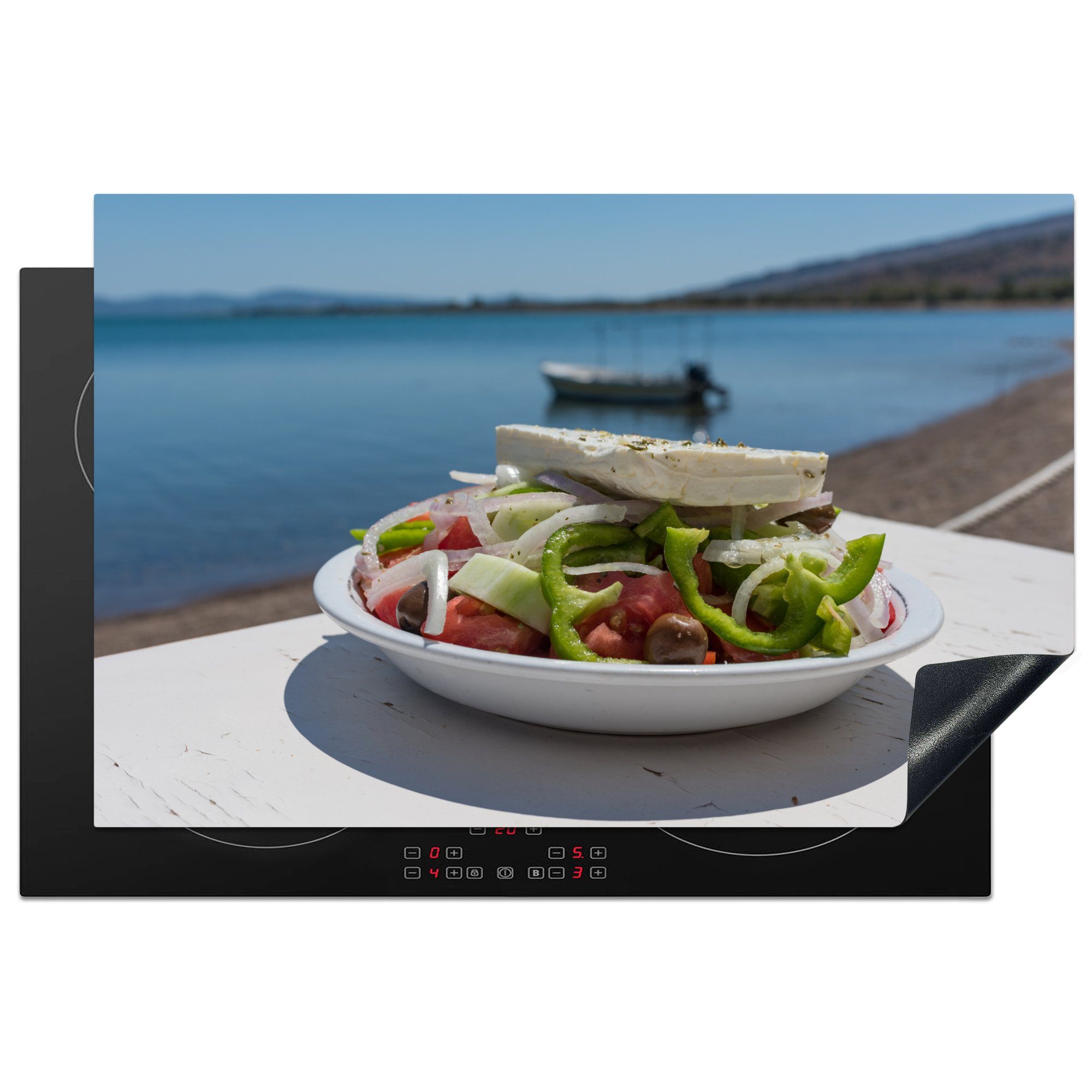 MuchoWow Herdblende-/Abdeckplatte Griechischer Salat Horiatiki tlg), Schutz Induktionskochfeld am für Vinyl, 81x52 Strand, Ceranfeldabdeckung cm, (1 die küche